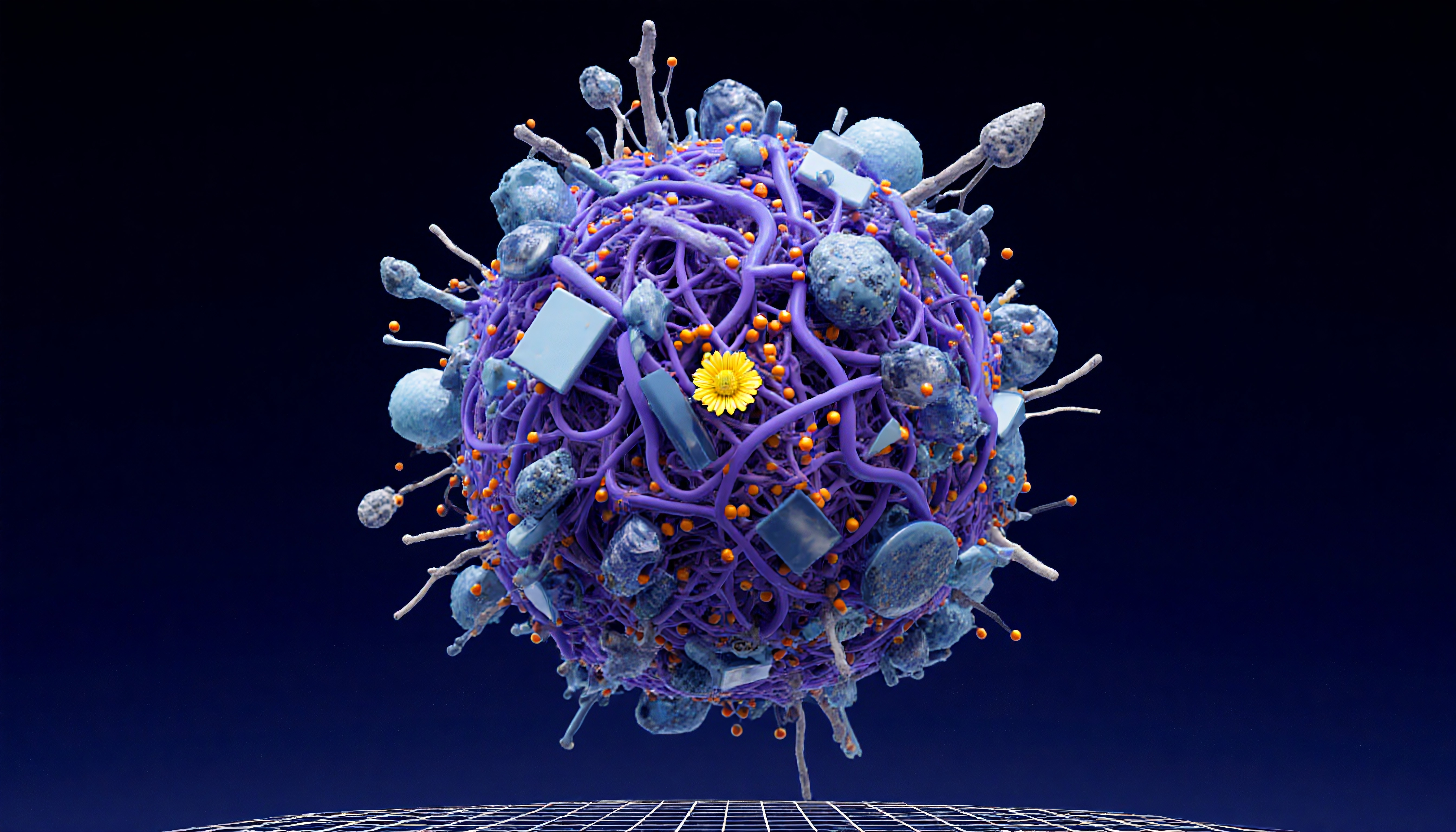 A digital rendering of a spherical, complex cellular structure with purple and blue elements, featuring a small yellow flower at the center.