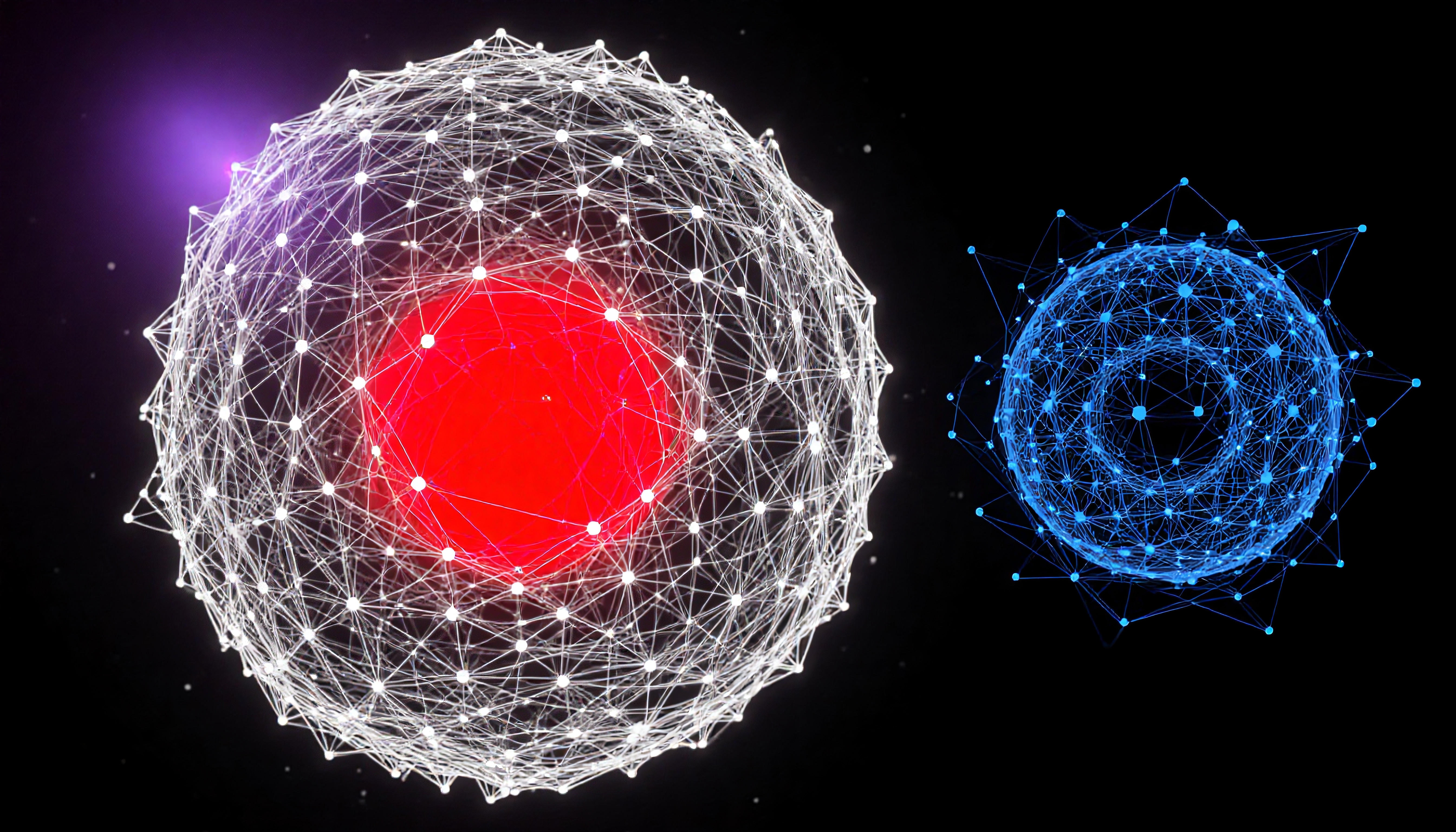 A digital artwork featuring two interconnected, node-filled wireframe spheres, one white with a red core, the other blue, against a dark background.