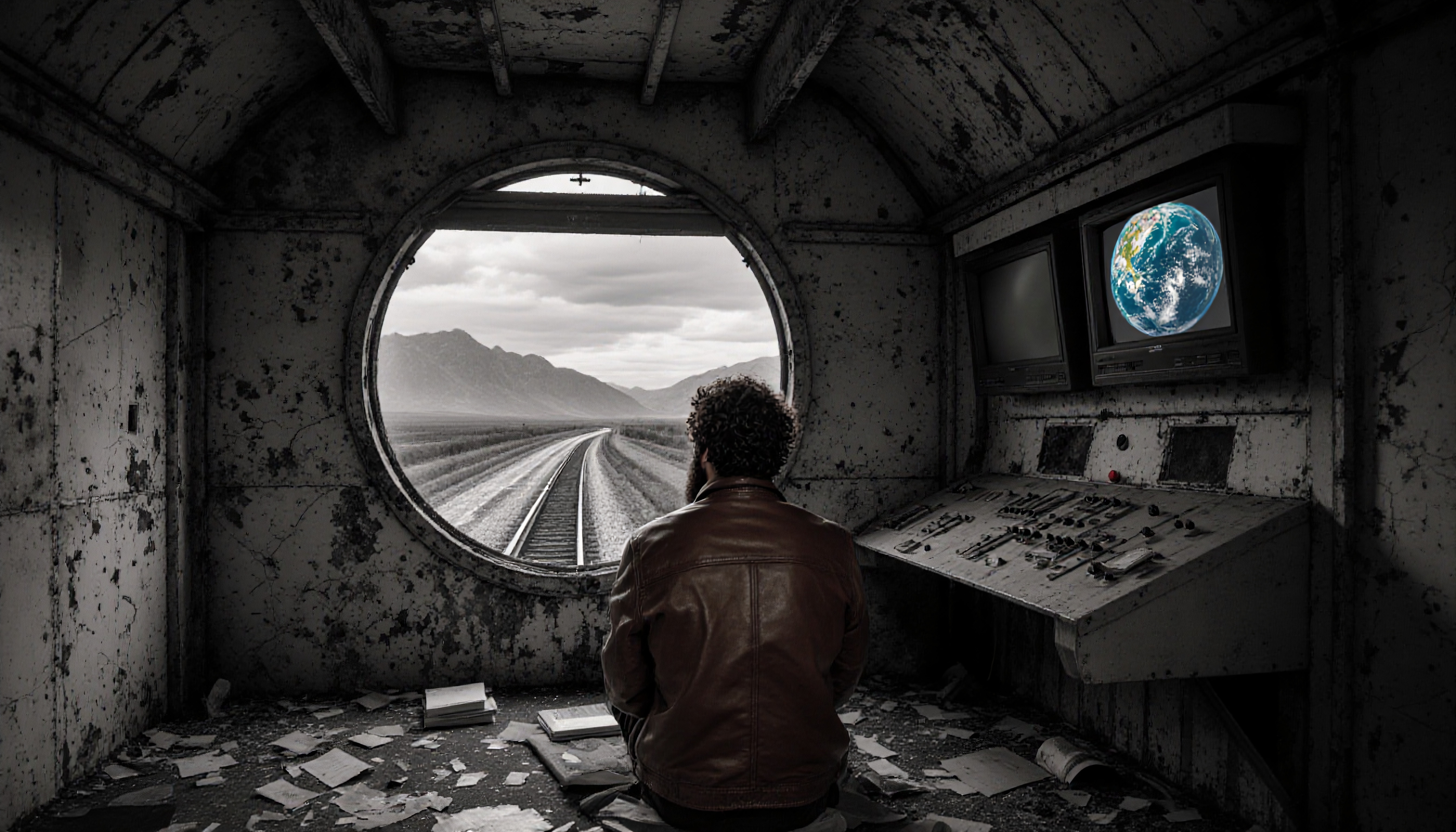 A man in a leather jacket sits in a rusted room, looking through a window at tracks and mountains, with Earth displayed on a monitor.