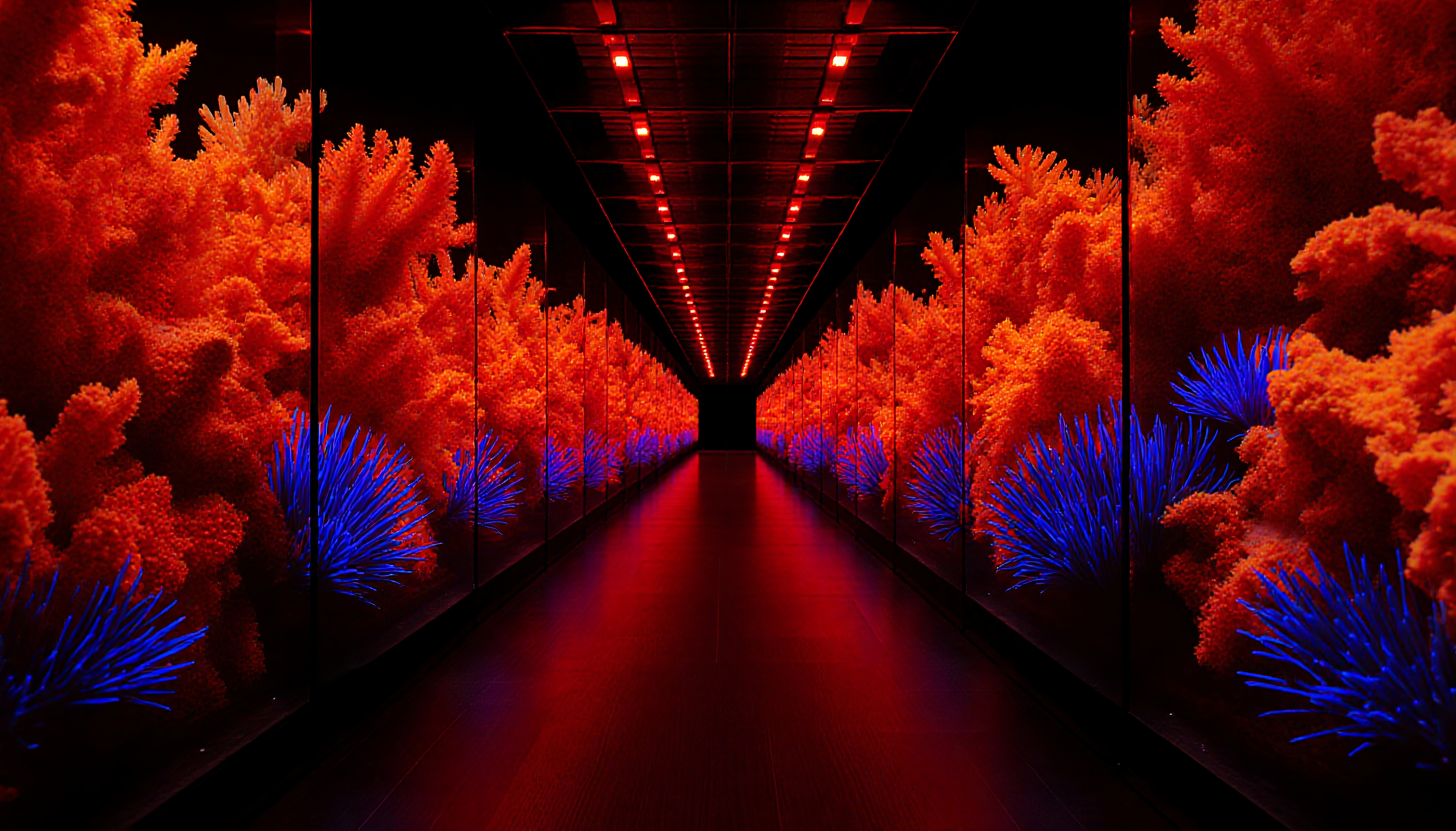 Symmetrical corridor with red and blue neon lights.