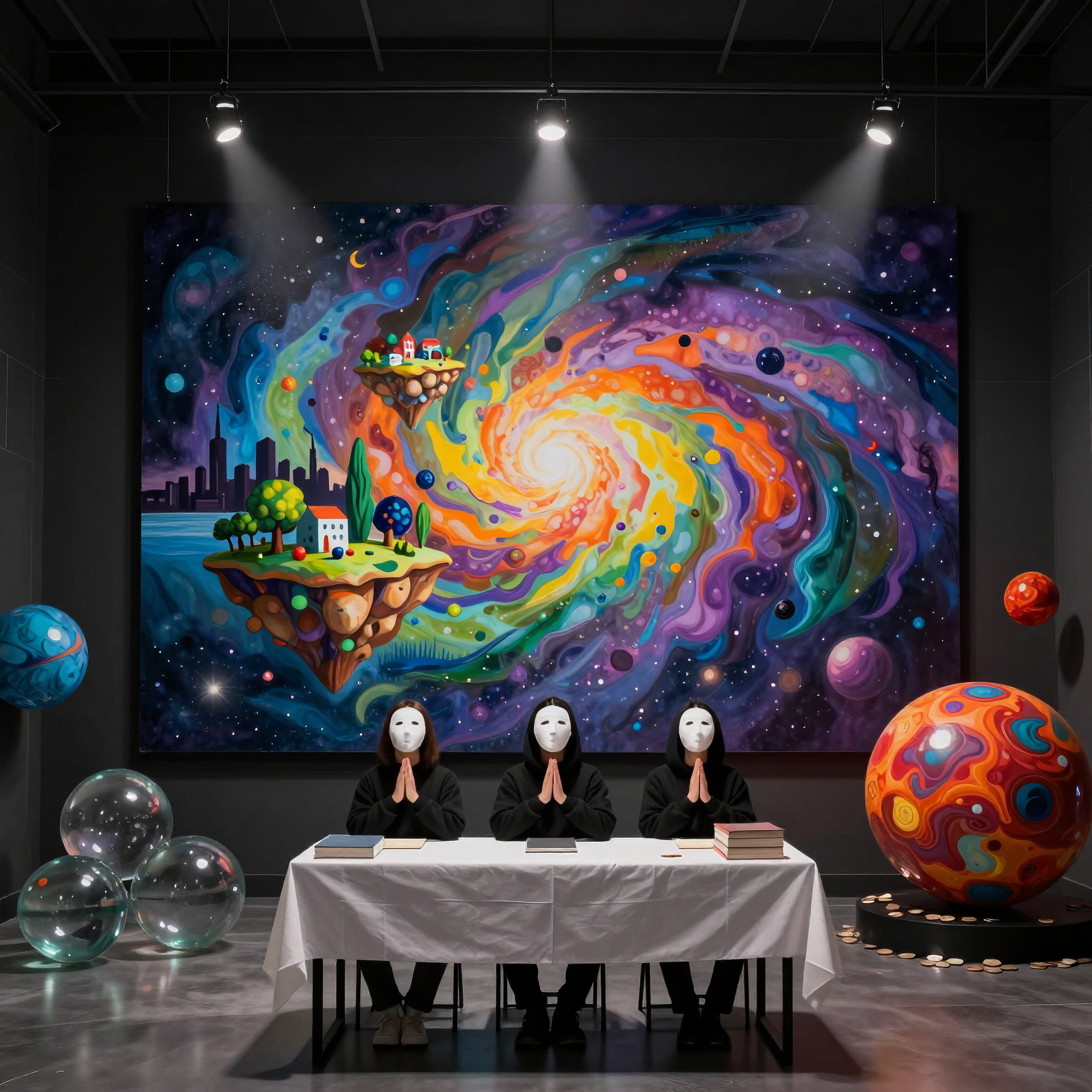 Three masked individuals meditating before cosmic art installati