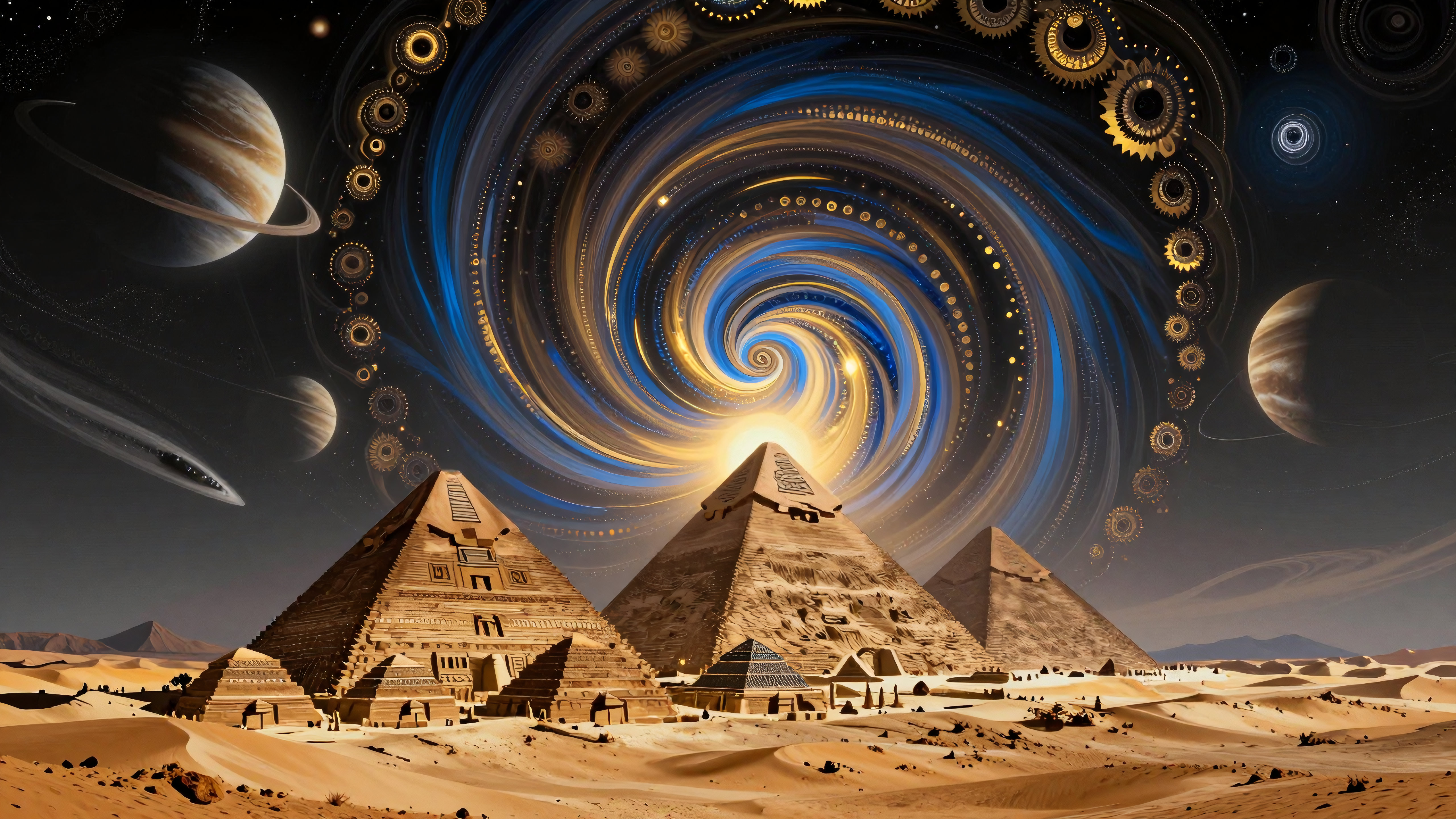 Ancient Egyptian pyramids beneath cosmic whirlwind galaxy scene
