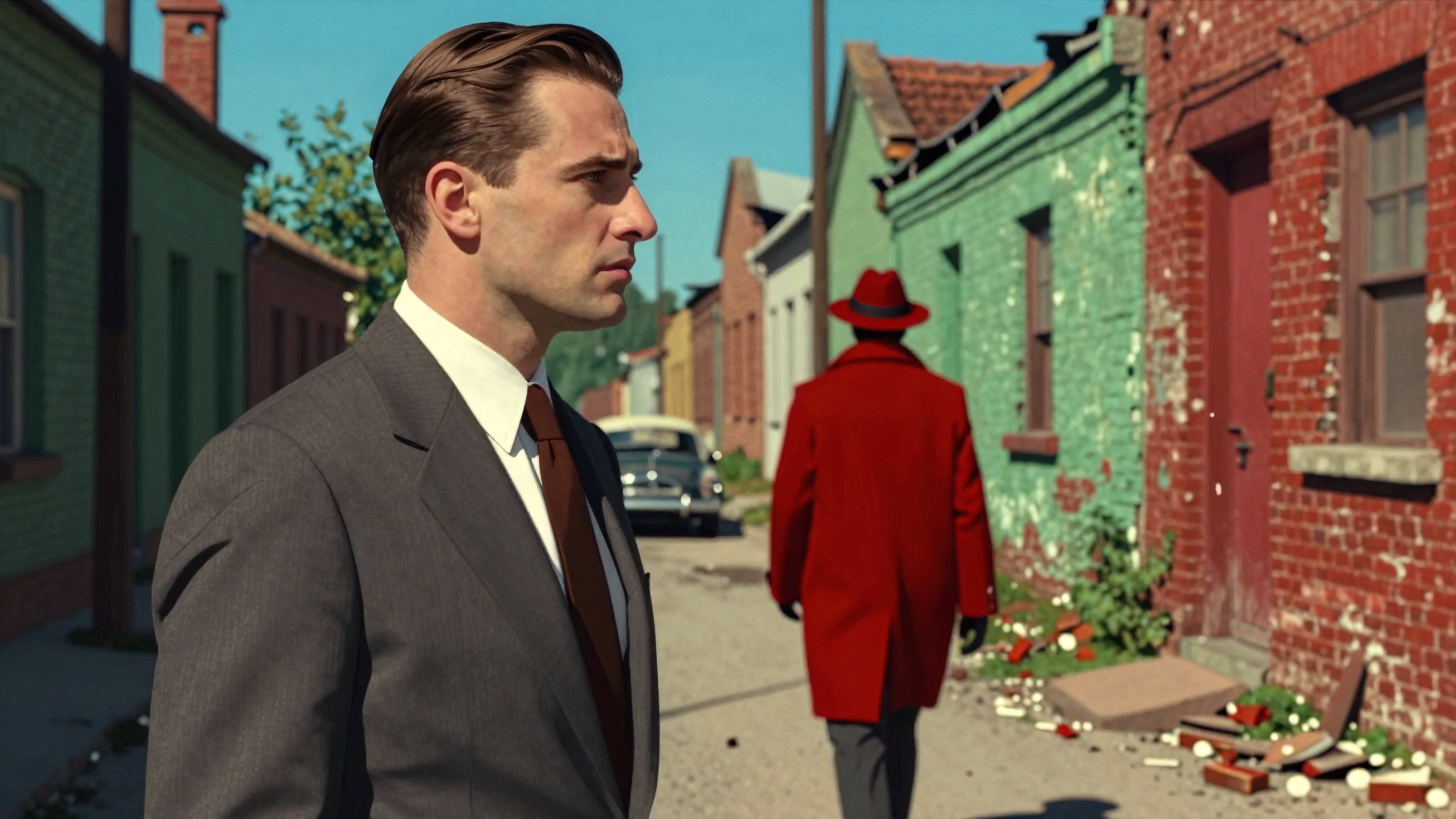 Man in grey suit watches mysterious red-coated figure walk down urban alley