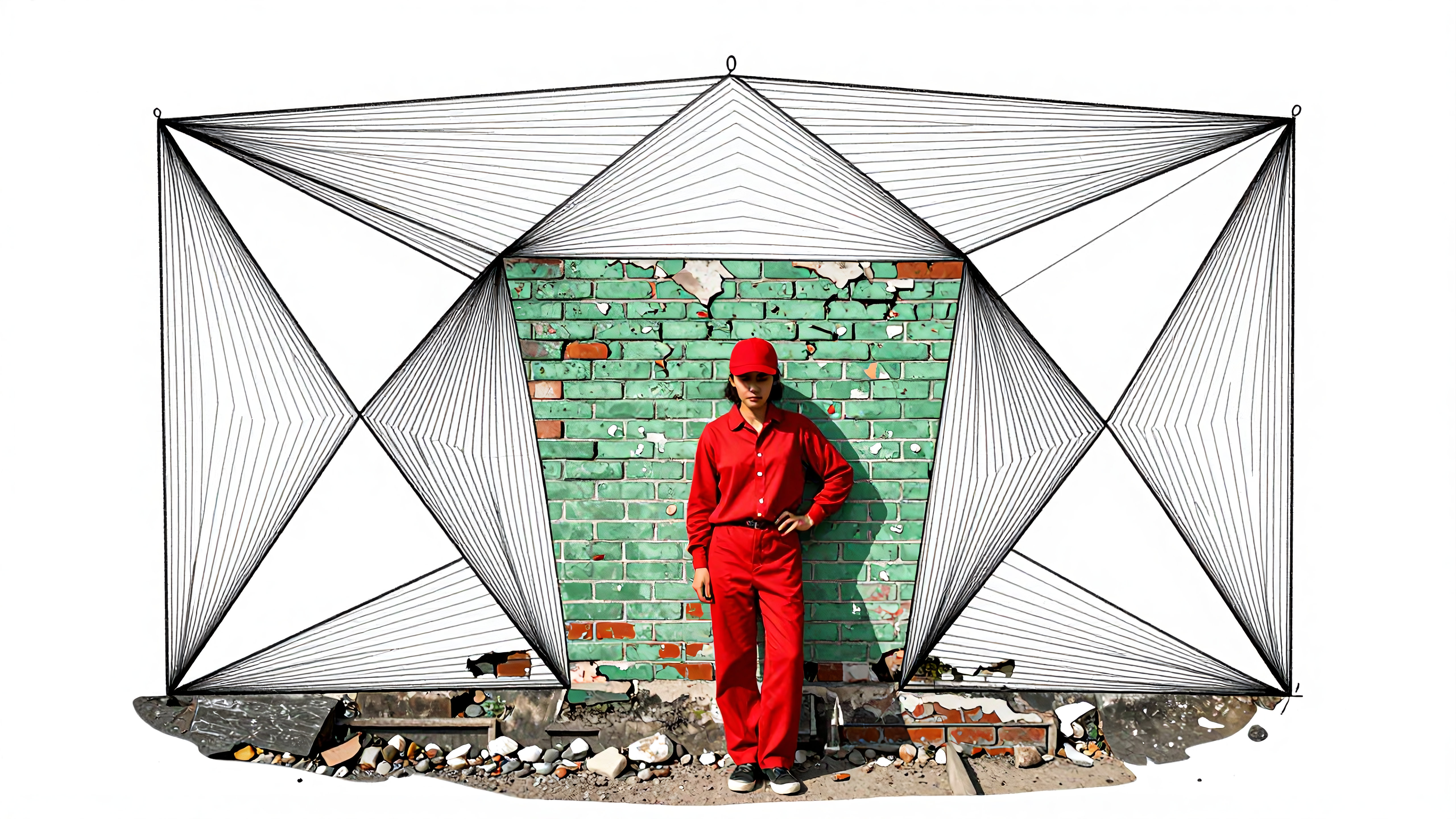 Woman in red outfit posing before geometric wireframe over weathered green brick wall