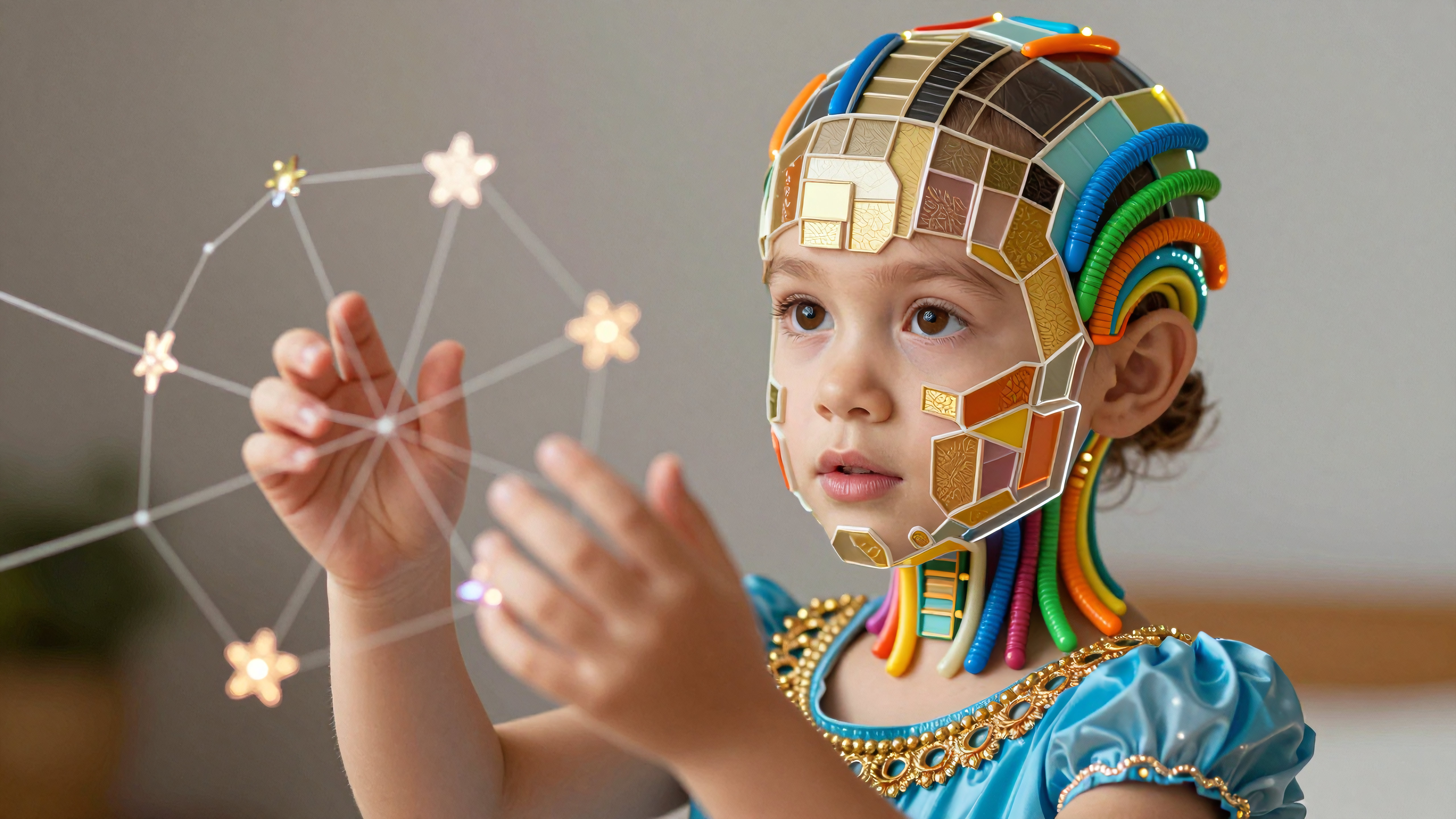 Young girl explores virtual stars using futuristic headset and interactive interface