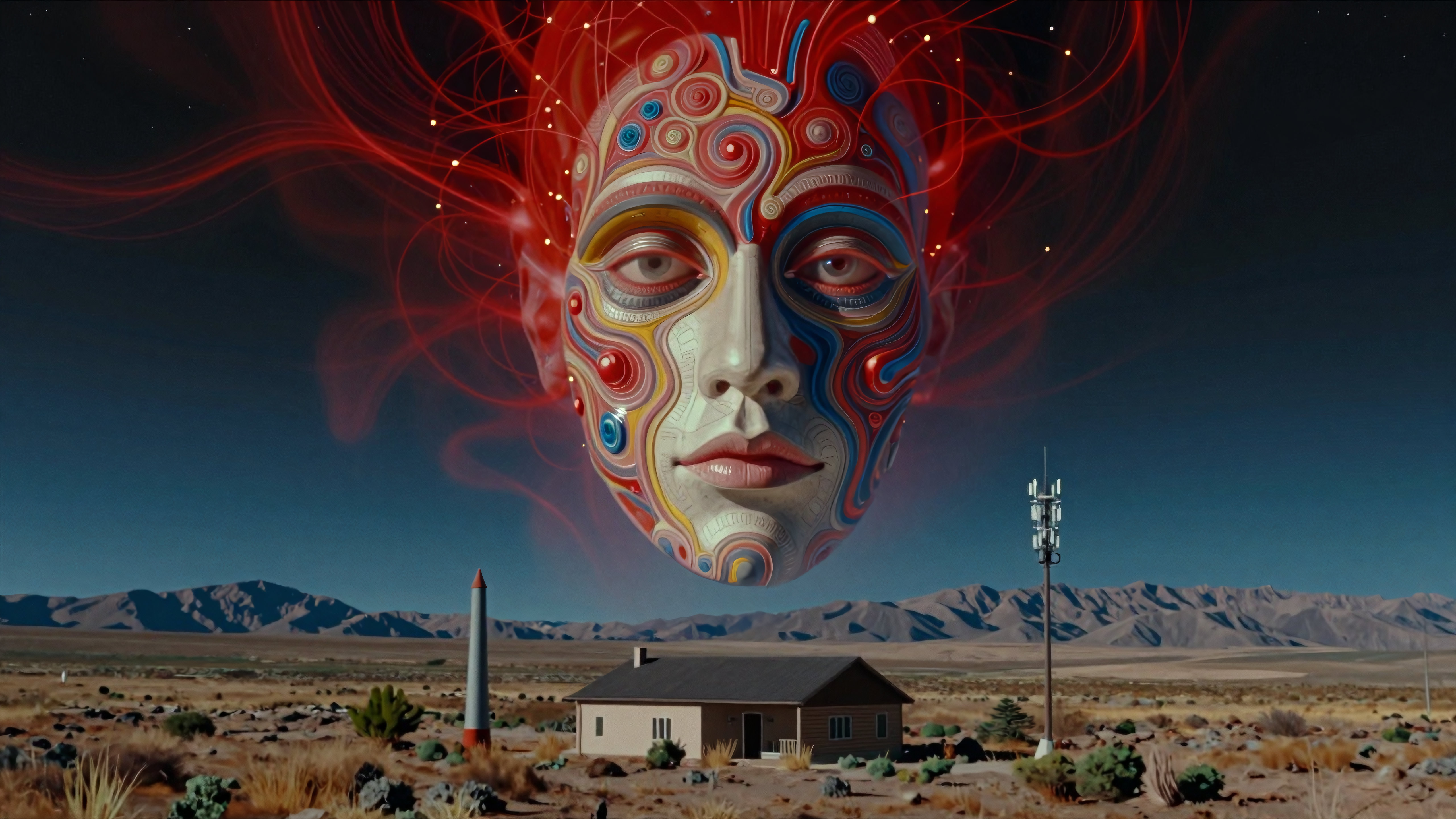 Surreal cosmic face hovering over isolated desert house with rocket and antenna poles