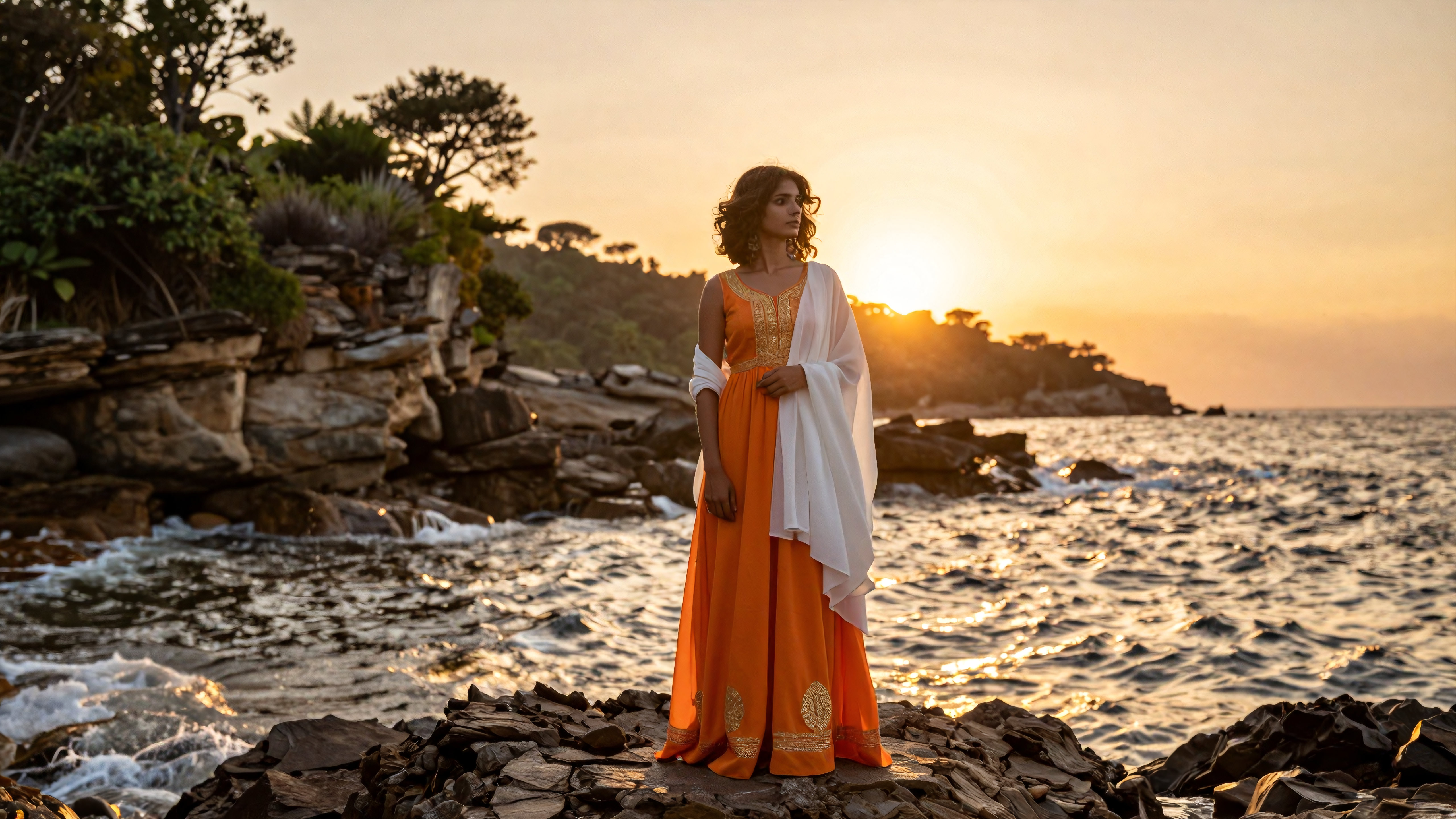 Elegant Woman in Orange Traditional Dress at Sunset Beach