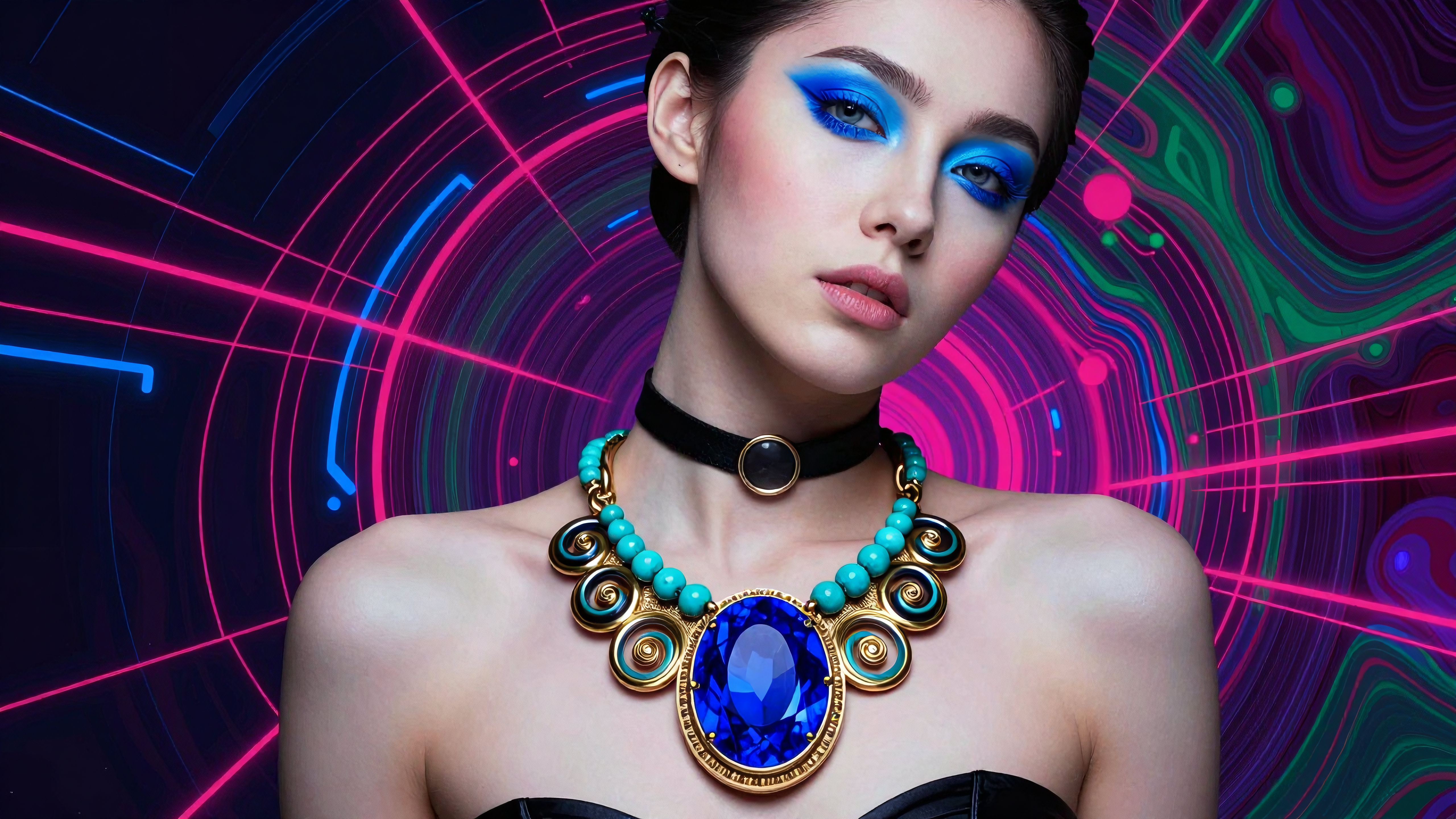 Futuristic fashion model wearing neon blue eye makeup and elaborate jewelery against psychedelic digital background