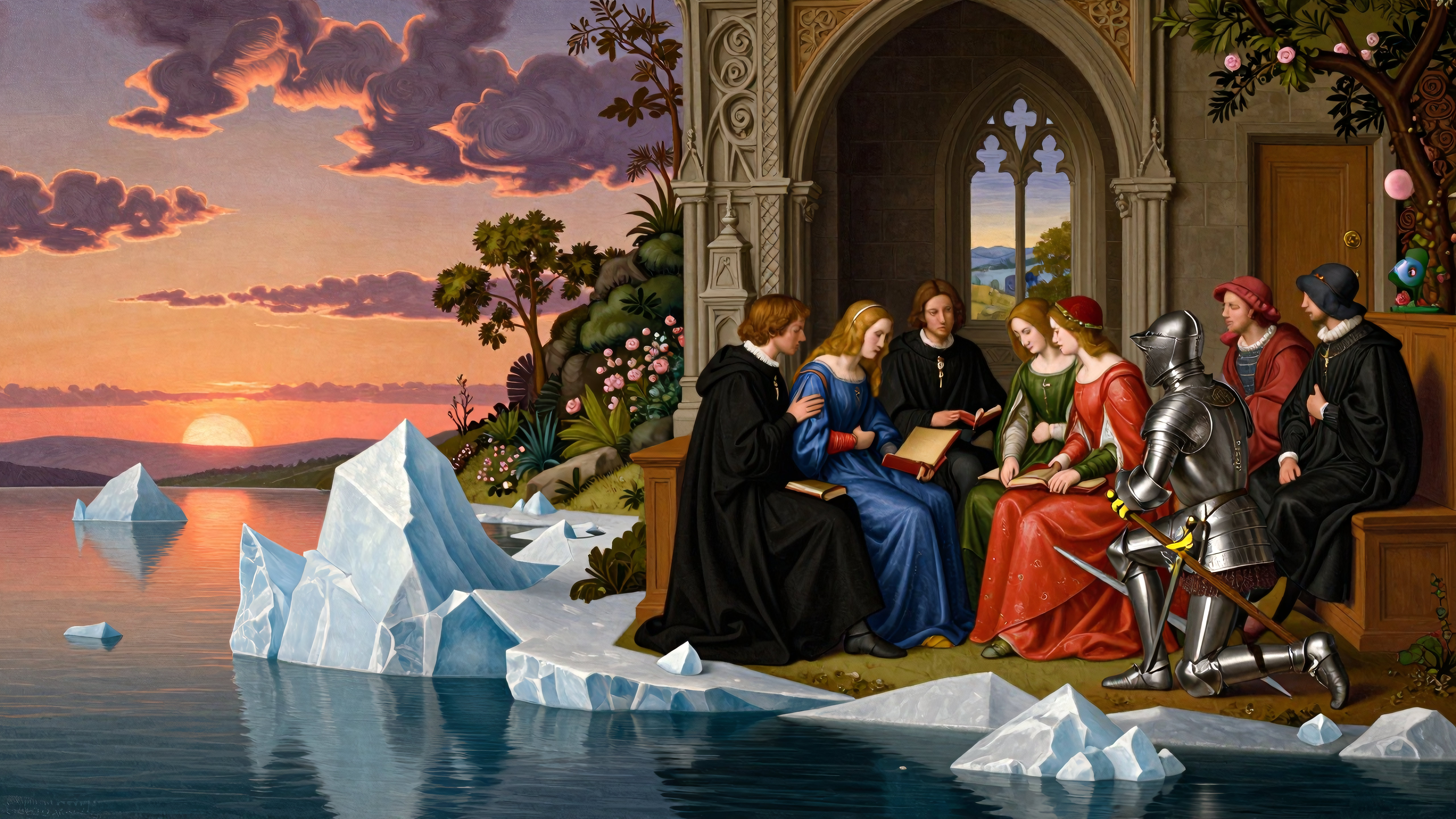 Medieval noble gathering beneath twilight skies beside frozen lakeside scenery