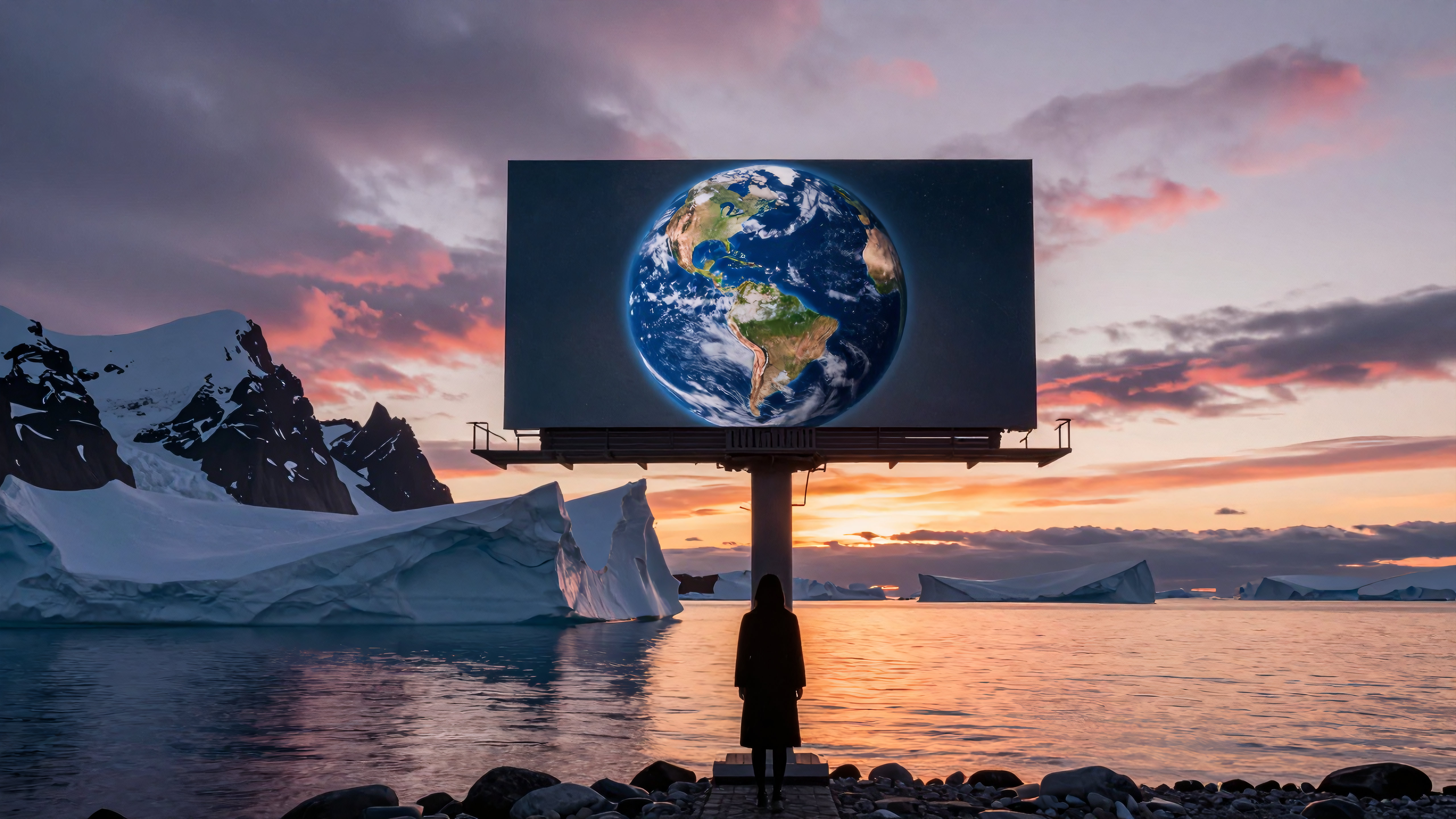Woman standing before giant Earth billboard overlooking snowy Arctic seascape during colorful sunset