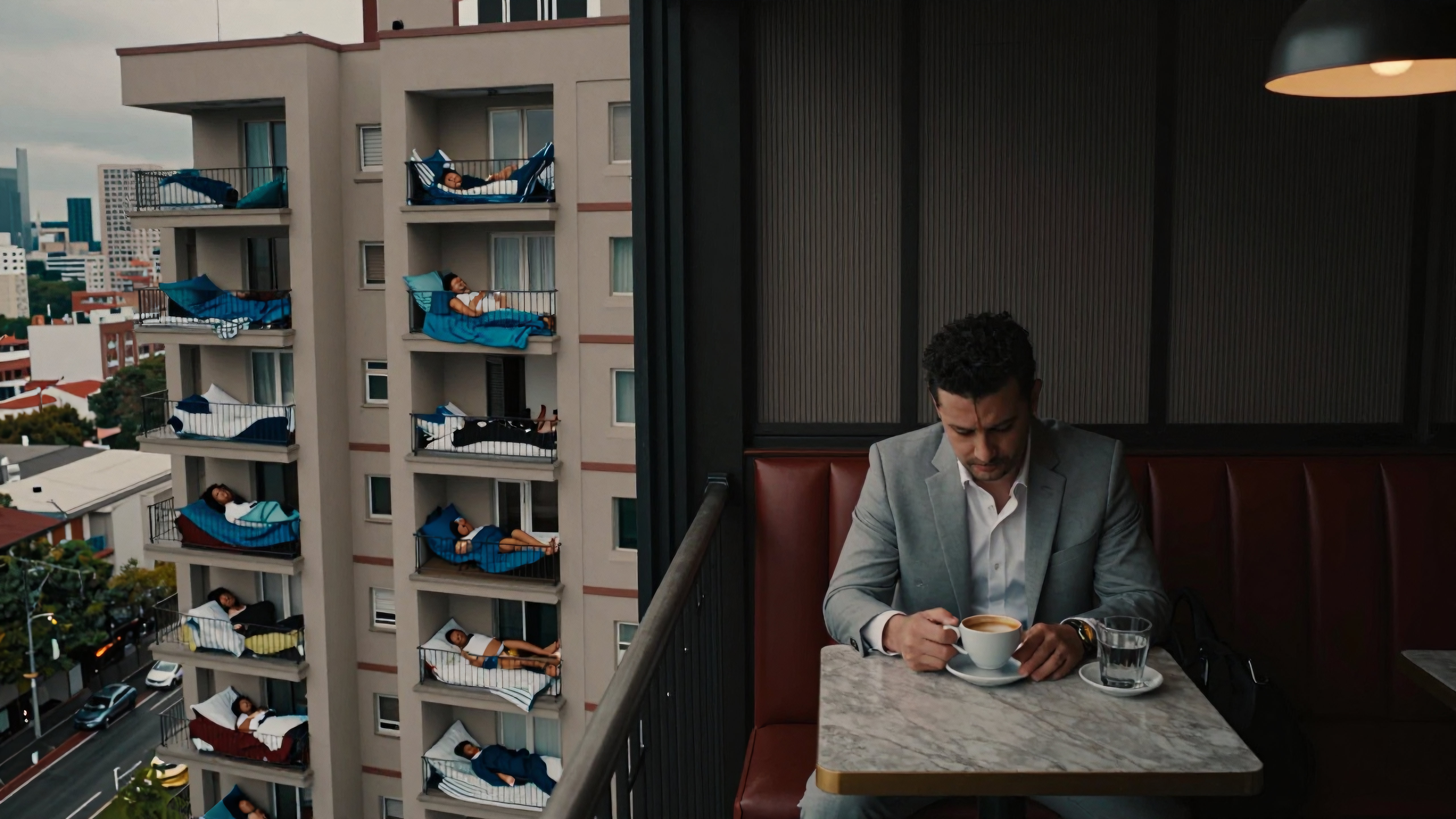 Man drinking coffee overlooks people sleeping on apartment balconies