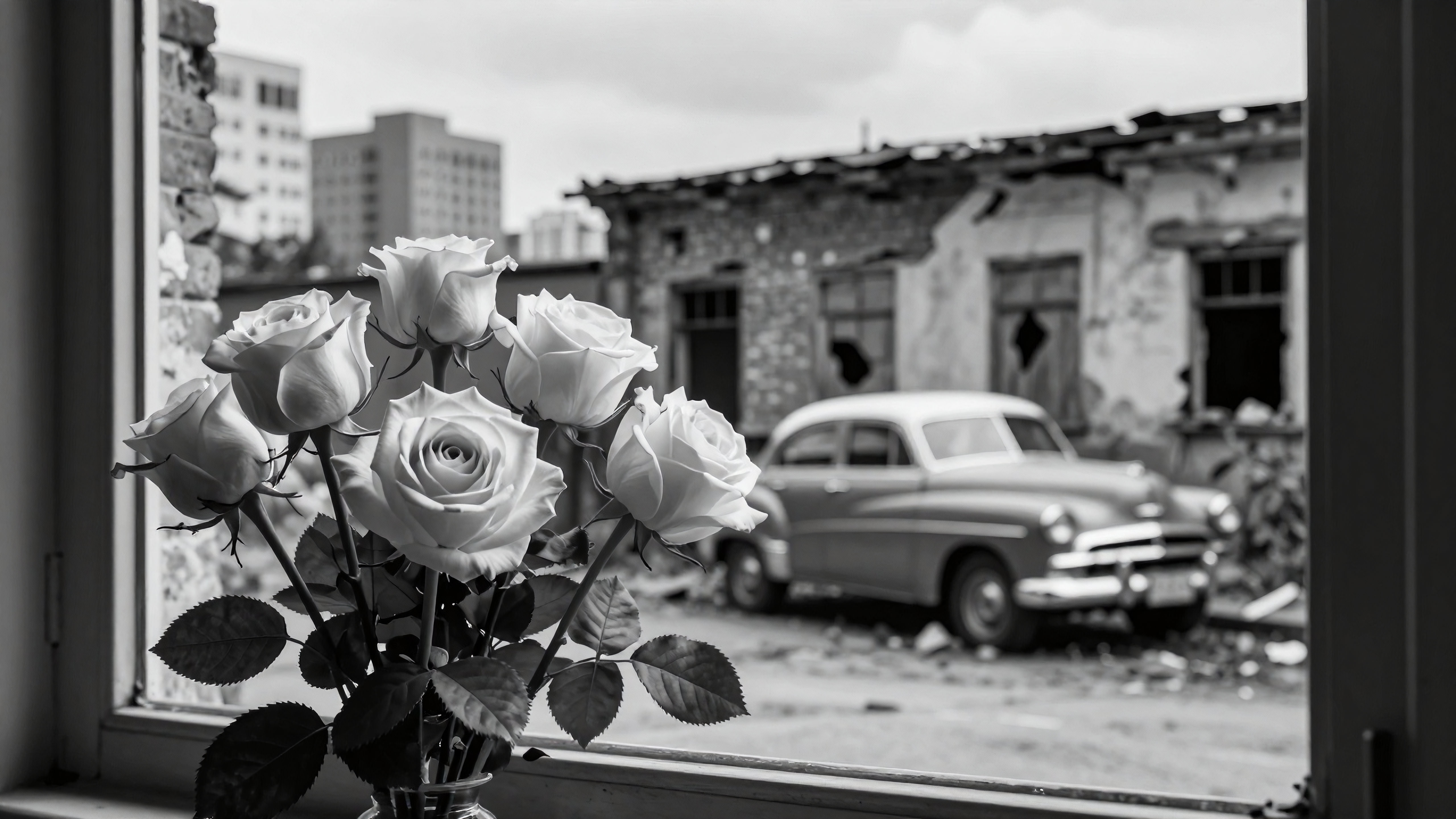 White roses bloom beside decaying city ruins viewed through a window frame.