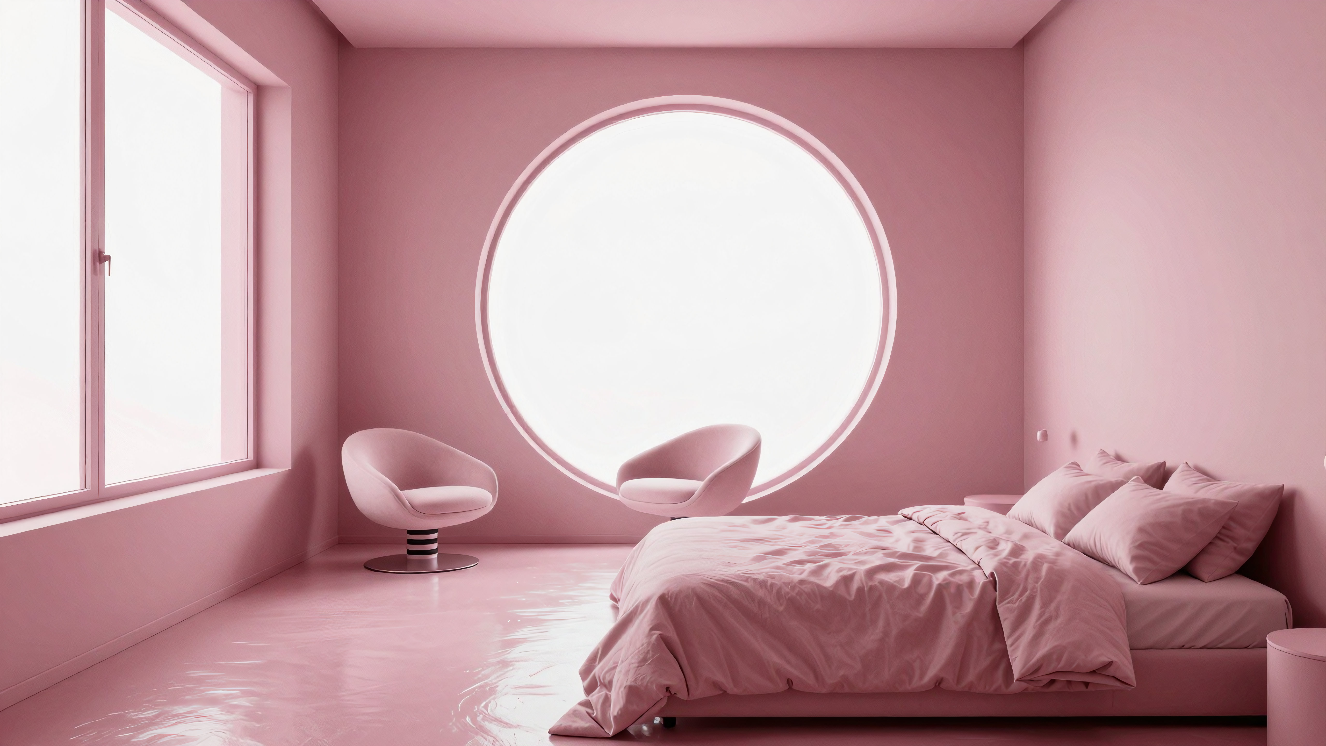 Minimalist pink bedroom with circular window and floating chairs for ultimate relaxation