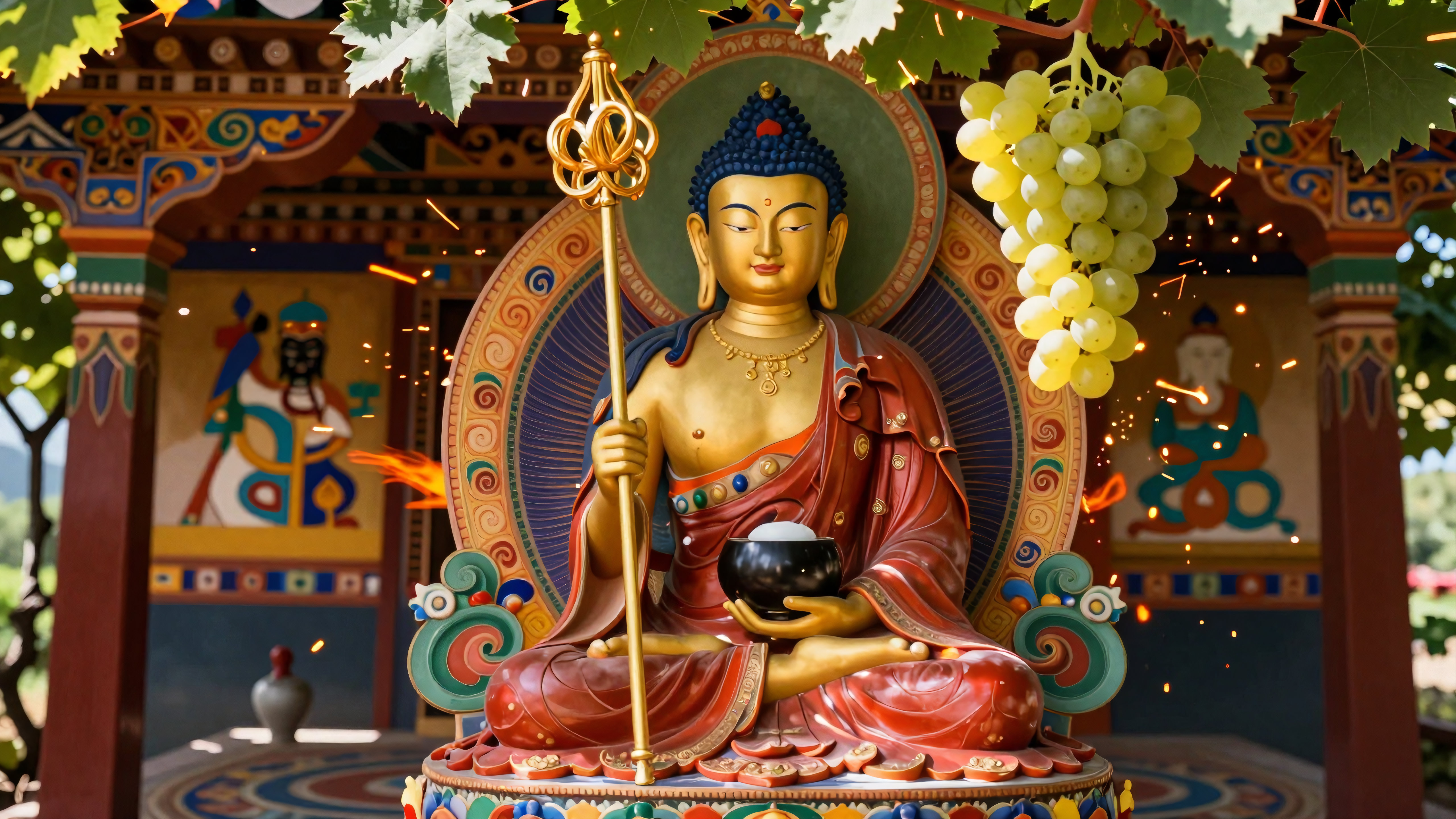 Golden Buddha statue surrounded by grapevine branches under sunlight with sparks flying around it inside a colorful temple setting