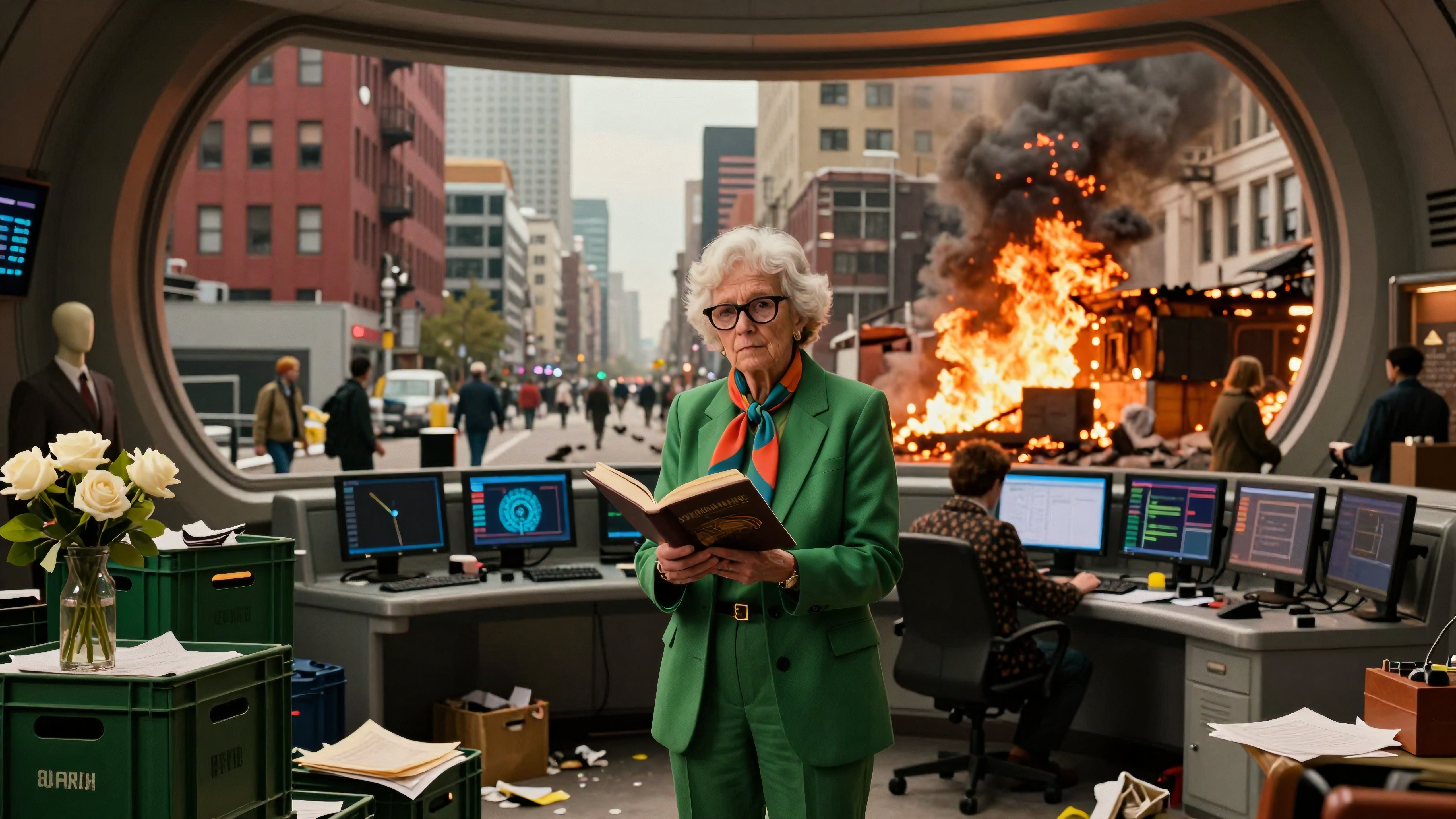 Elderly woman reads book calmly inside command center watching fiery urban disaster outside