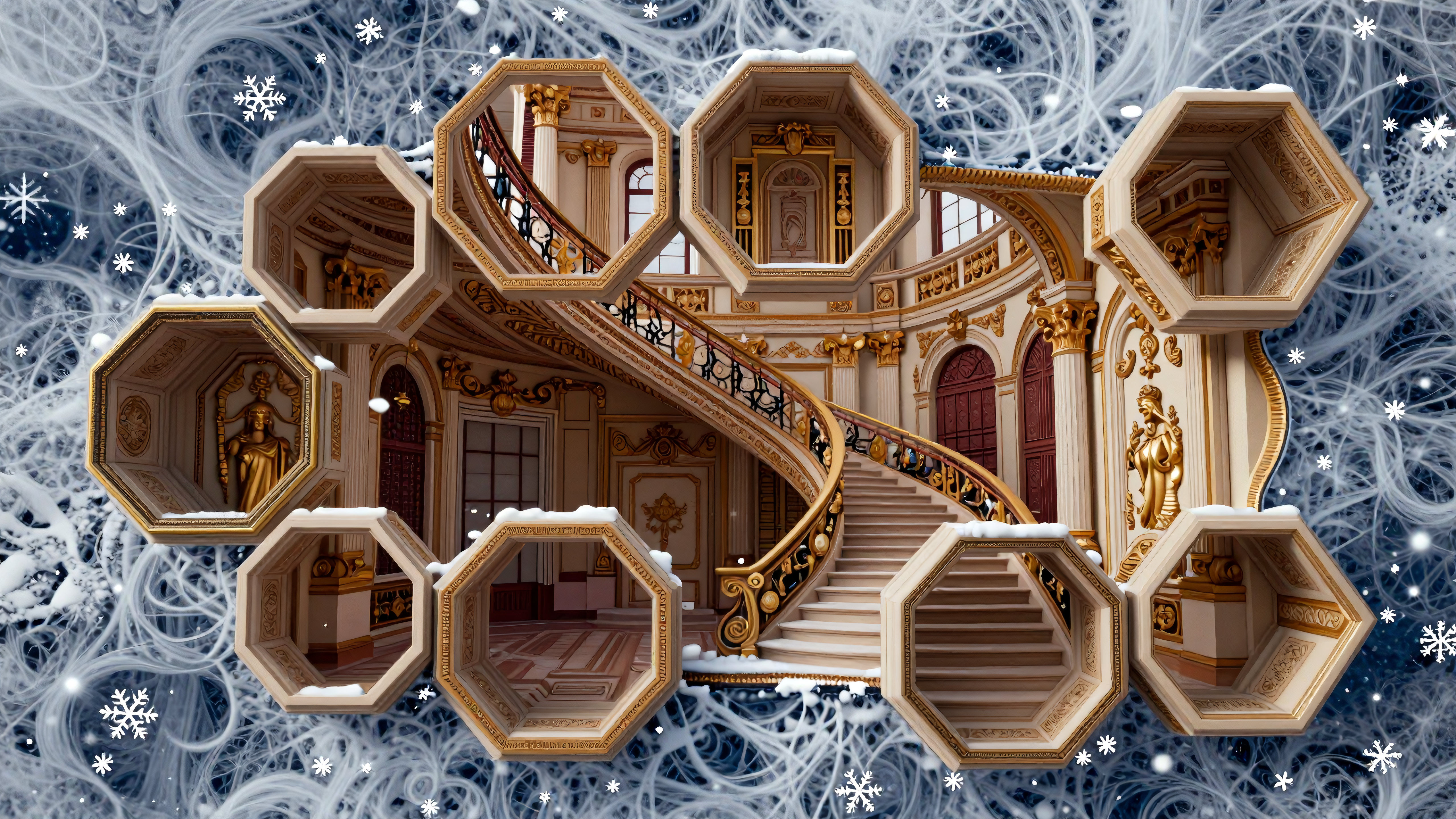 Grand snowy palace staircase fantasy artwork with hexagonal portals and falling snowflakes