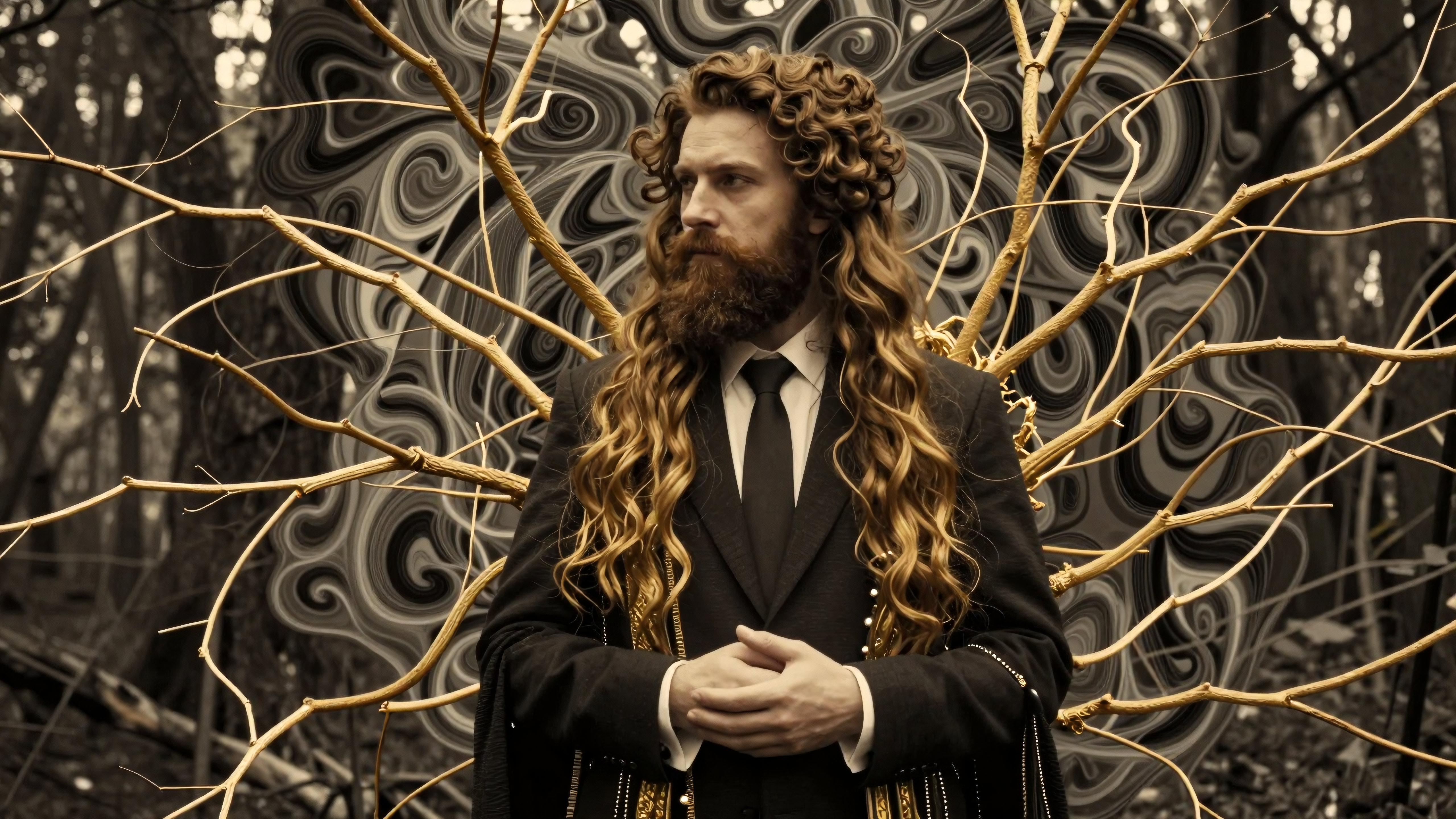 Man with long curls standing amidst mystical forest branches wearing formal suit posing dramatically in surreal artwork
