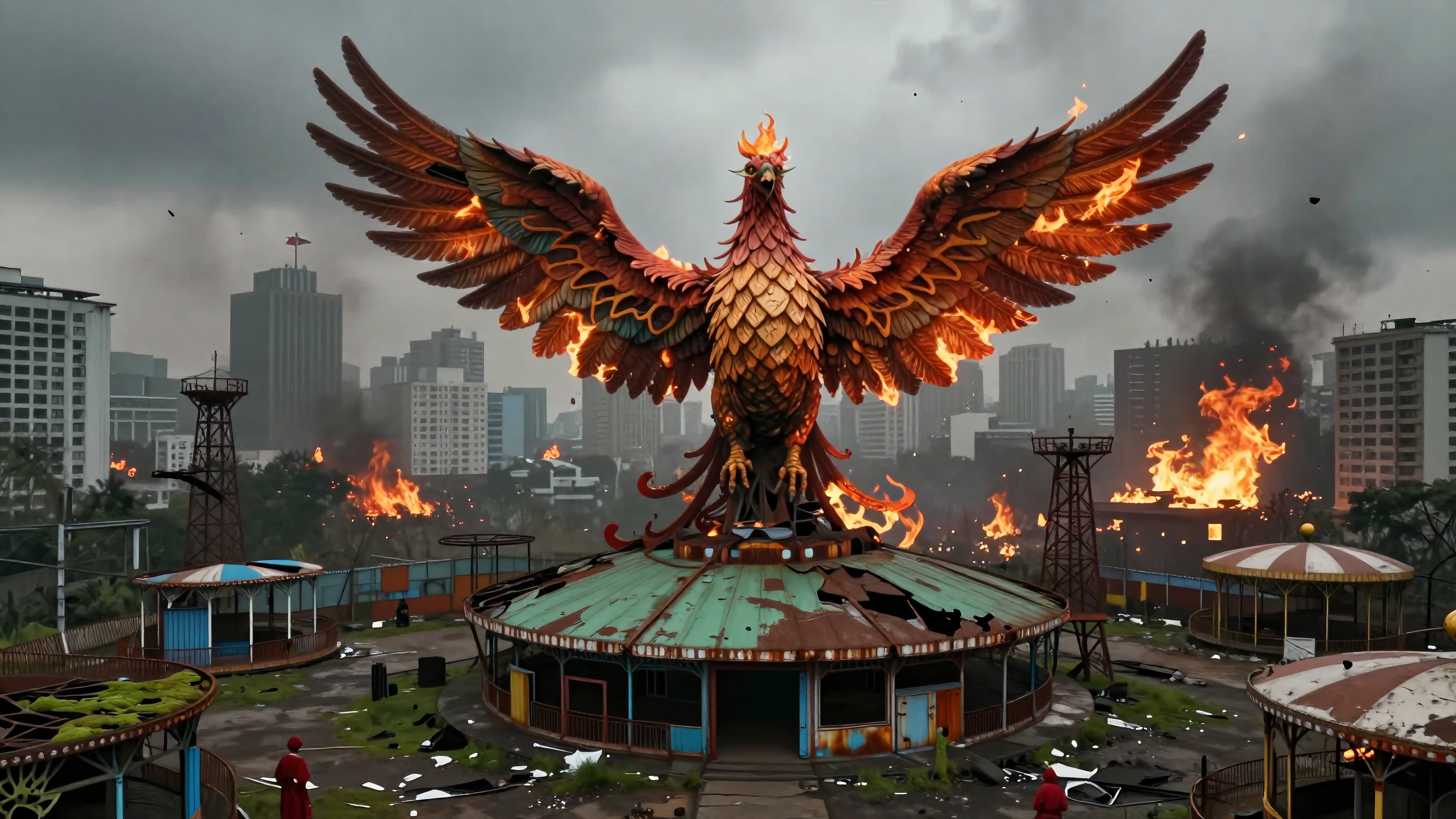 Mythical phoenix rising amid burning ruins of abandoned carnival and city skyline