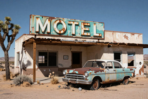 Abandoned rustic motel with vintage car in desert wasteland