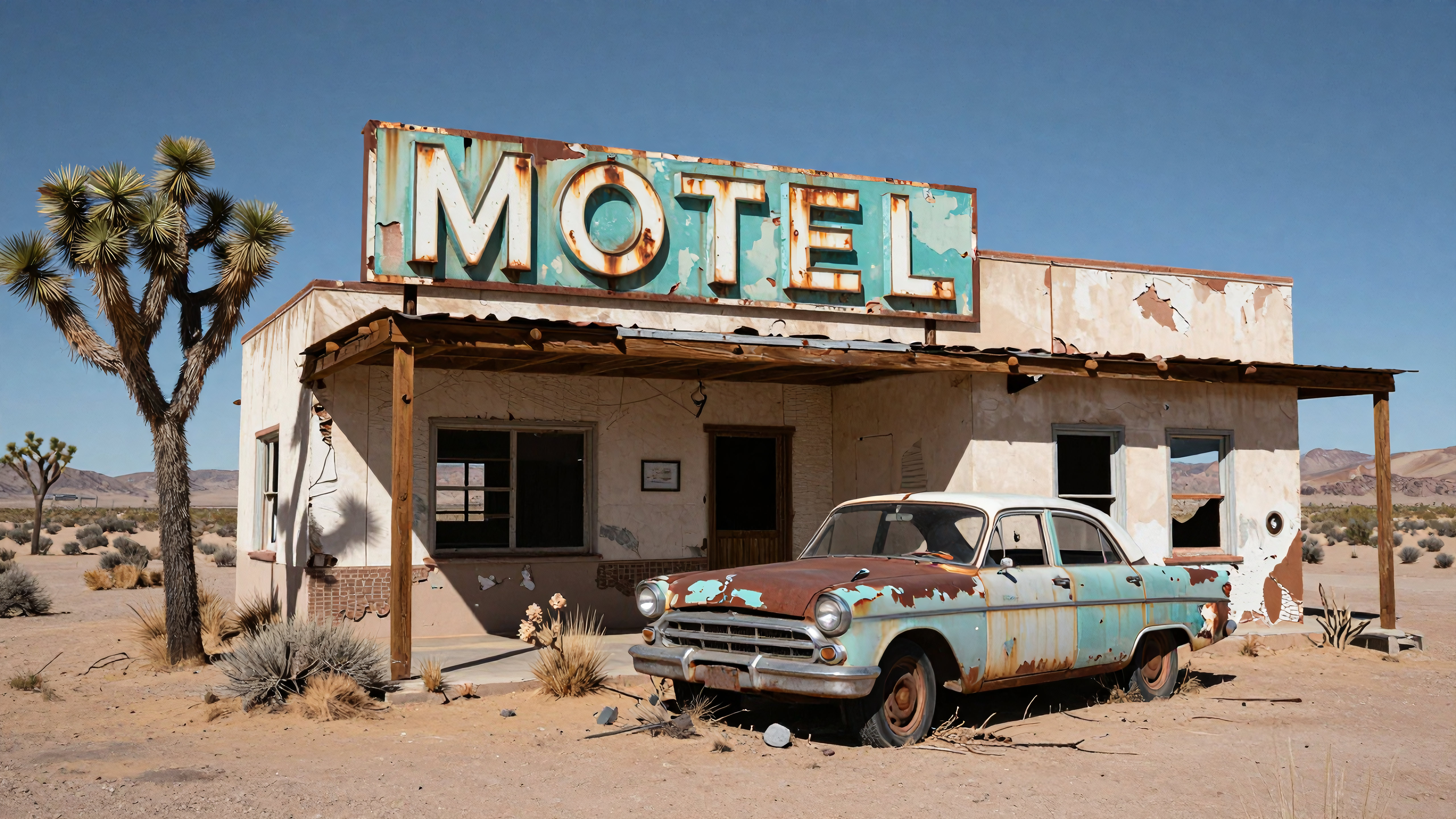 Abandoned rustic motel with vintage car in desert wasteland