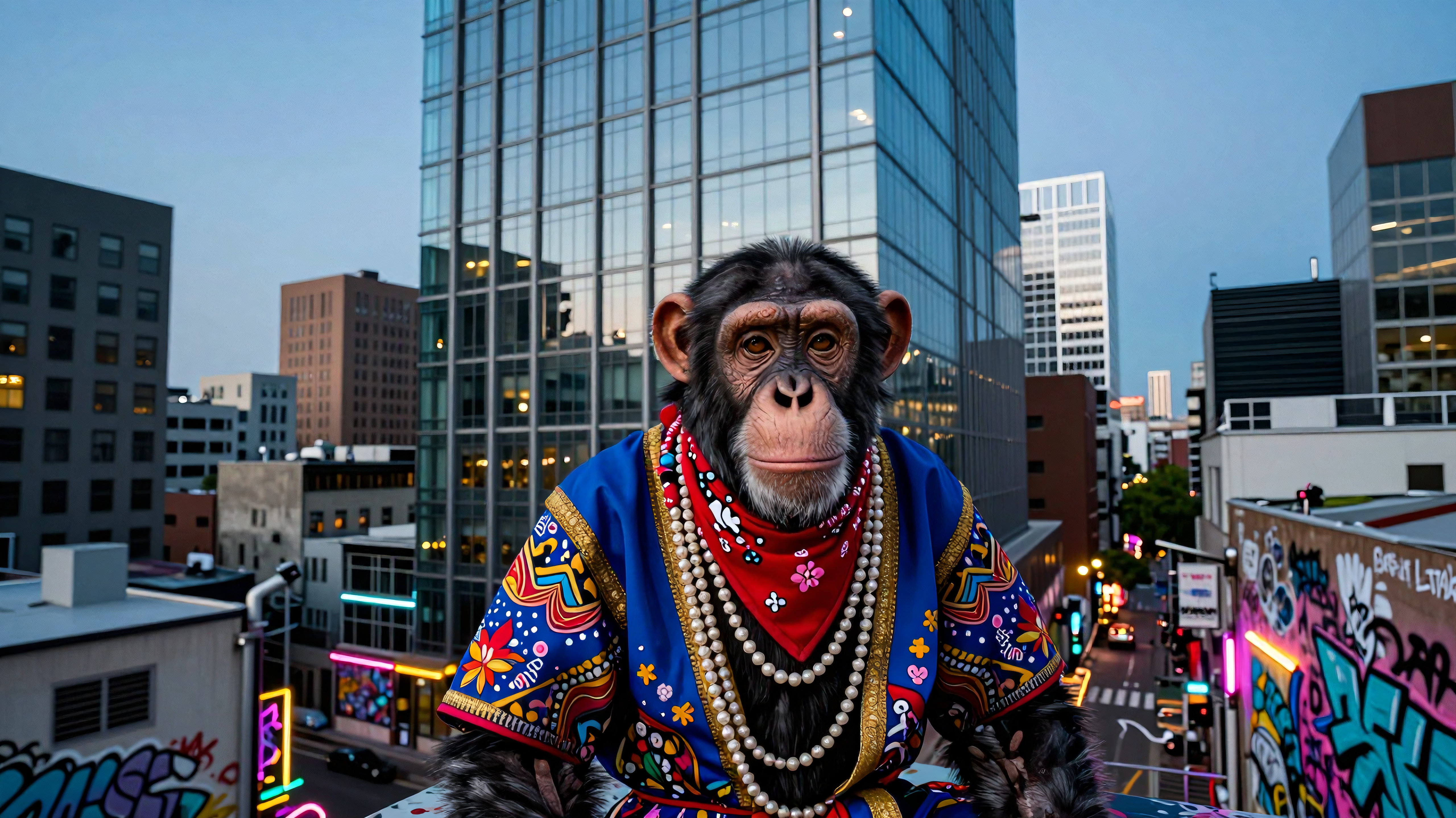 Chimpanzee wearing ornate clothing perched on city rooftop surrounded by tall buildings and glowing neon lights