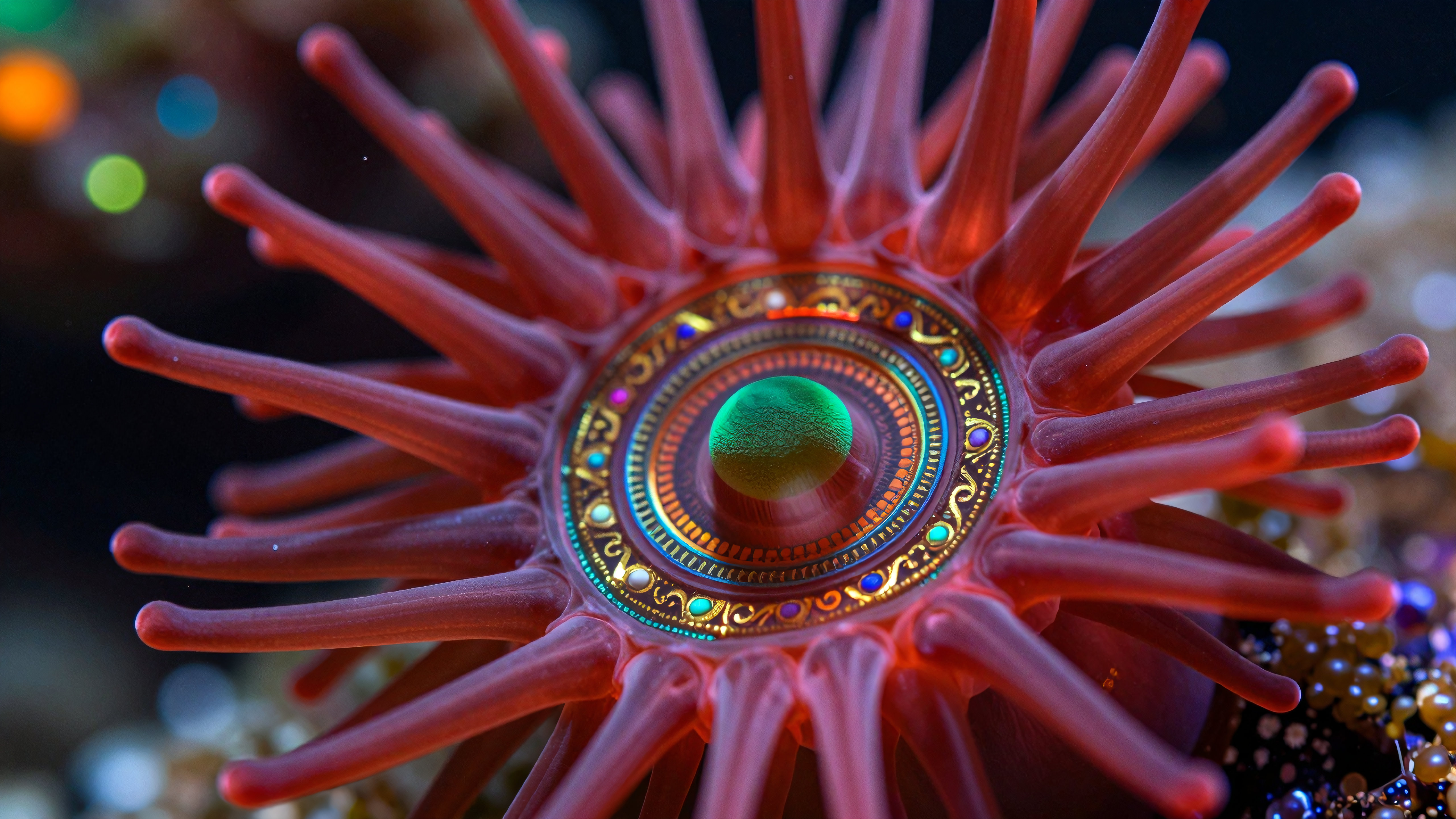 Vibrant cosmic sea anemone with glowing golden eyes and neon tentacles in enchanted underwater realm