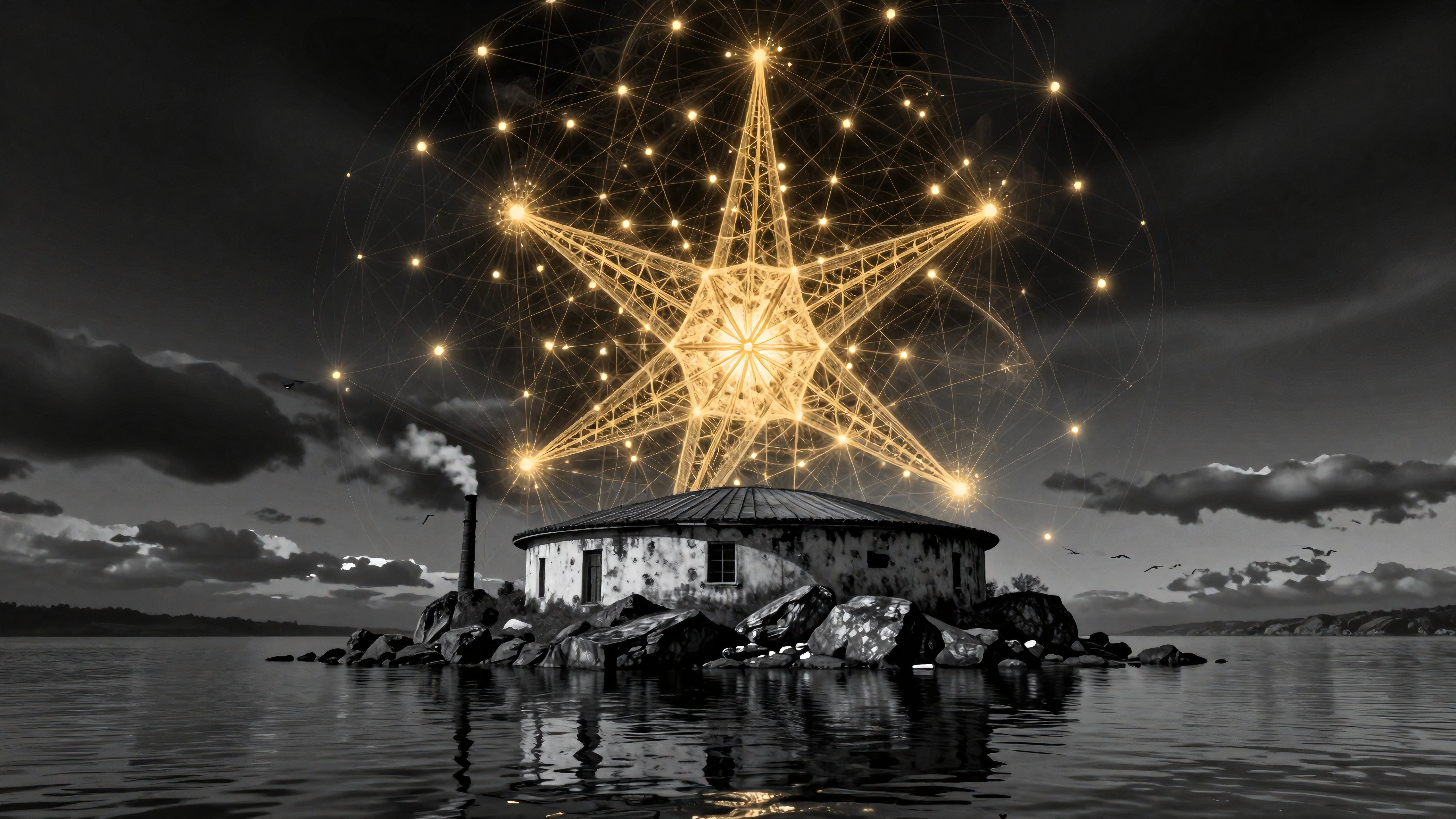 Golden star over lonely seaside fortress reflecting mystical lights