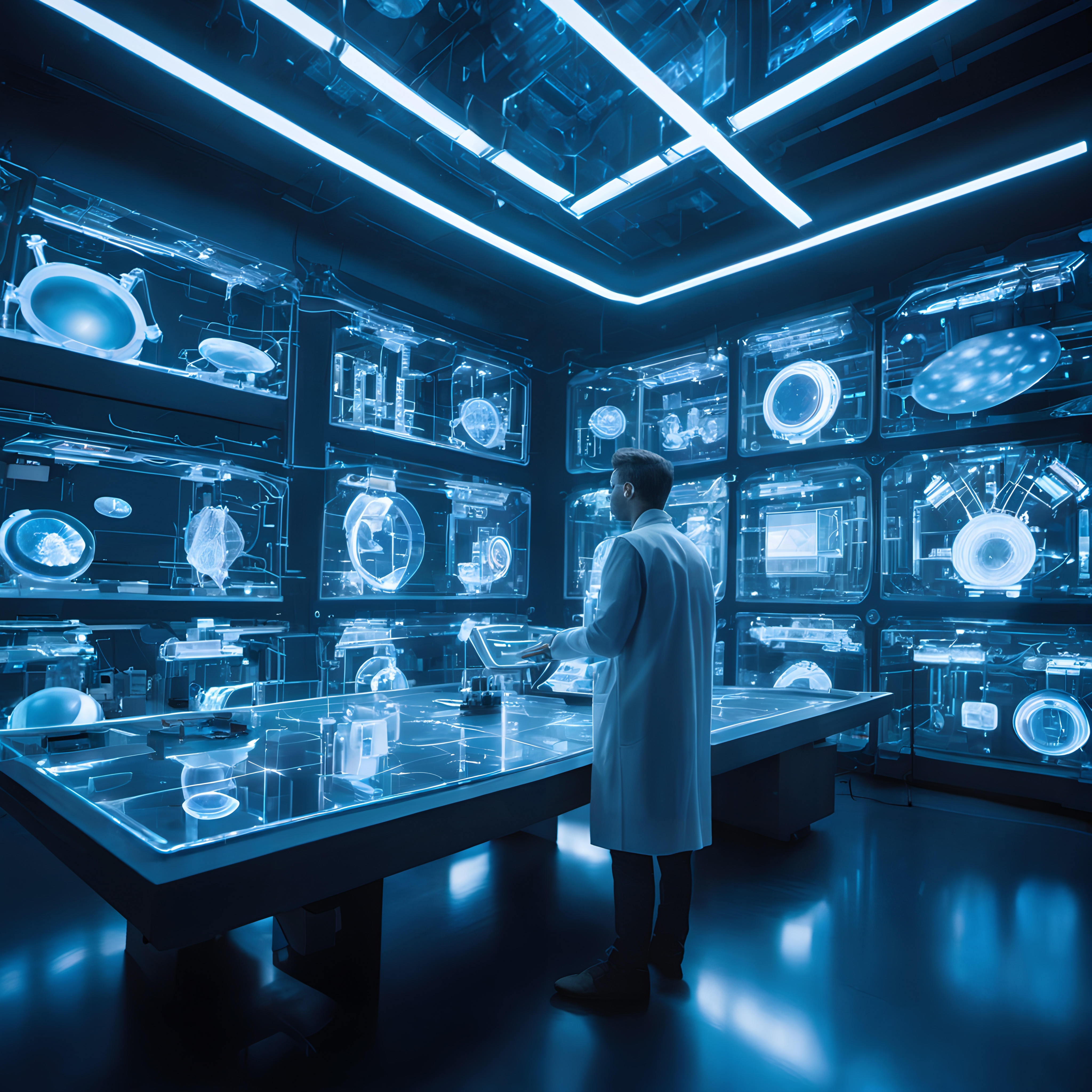 Image of a futuristic laboratory with digital panels, holograms, and a scientist in a lab coat.