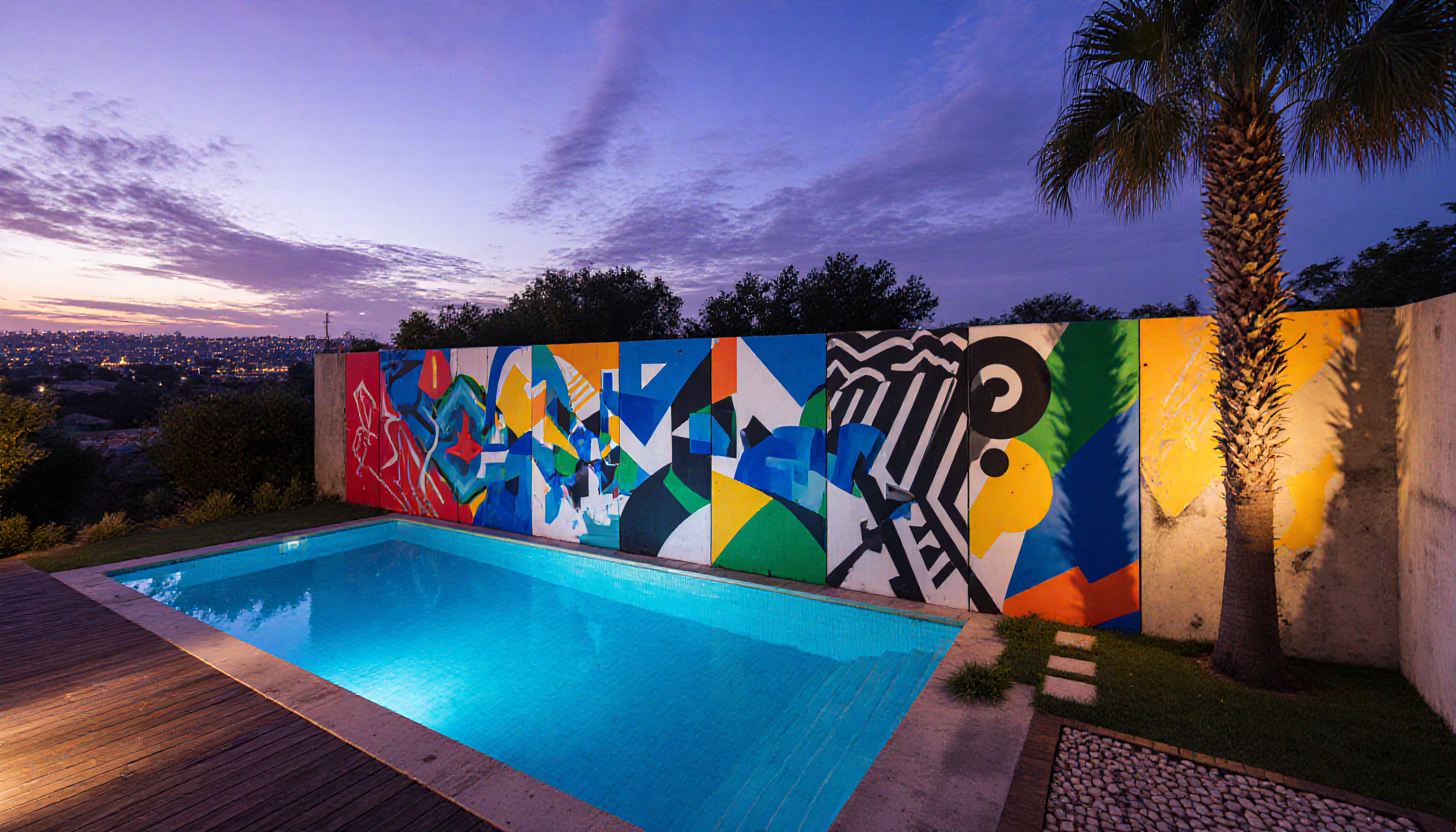 A vibrant backyard poolside mural at sunset with a colorful sky and illuminated water.