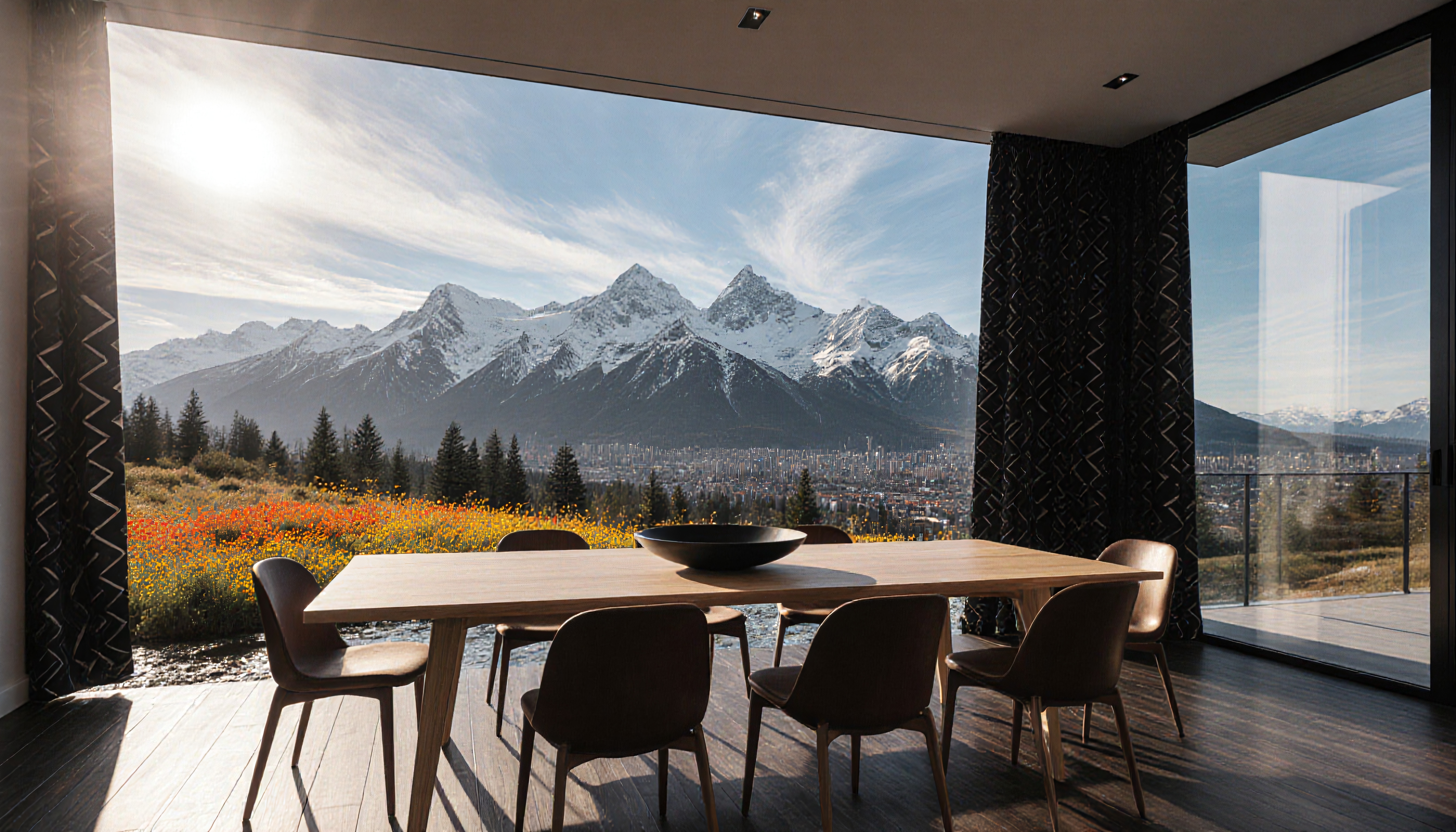 Modern dining room with panoramic mountain view and natural light.