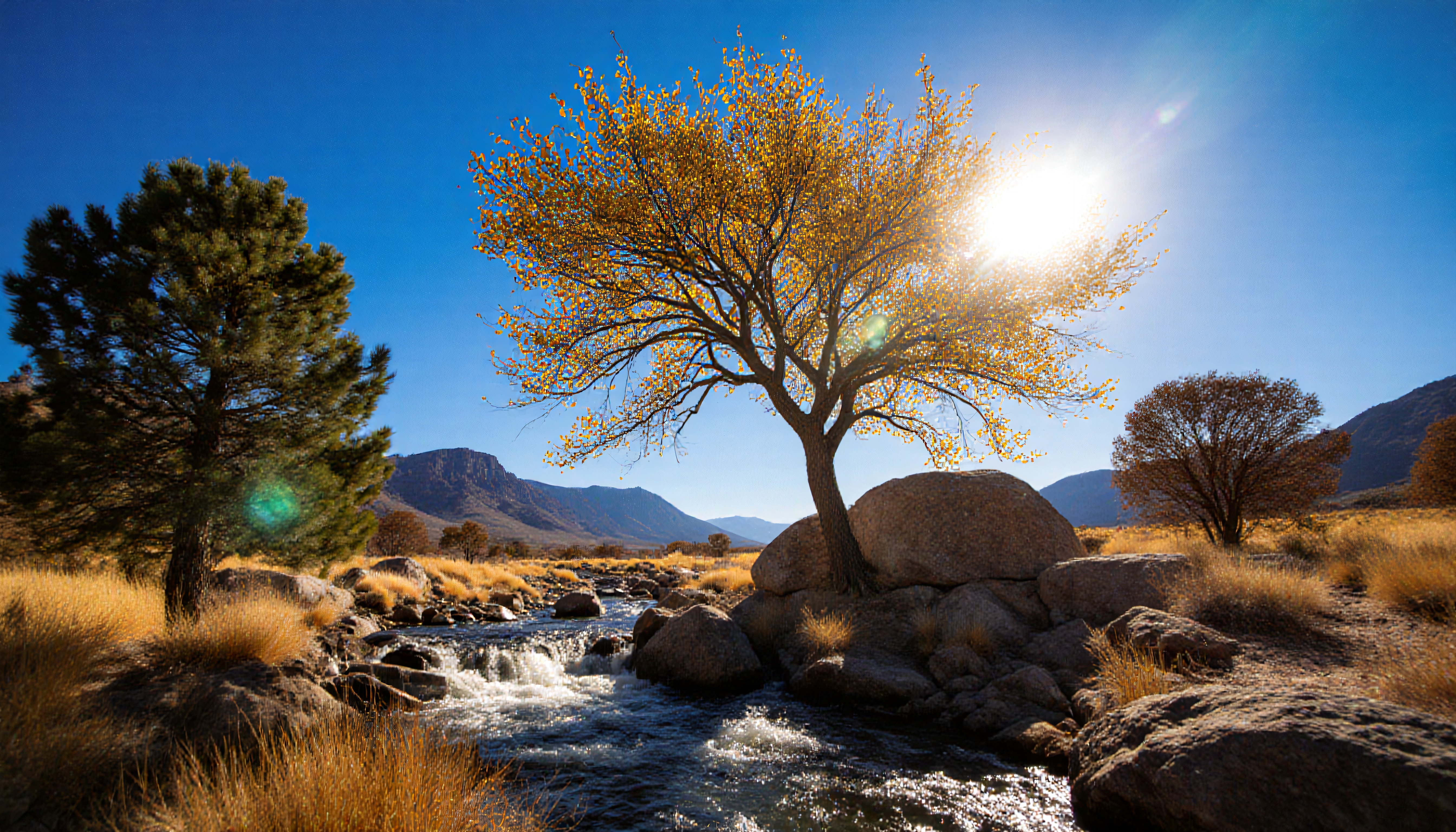 A tranquil landscape with a sunlit tree and flowing stream.