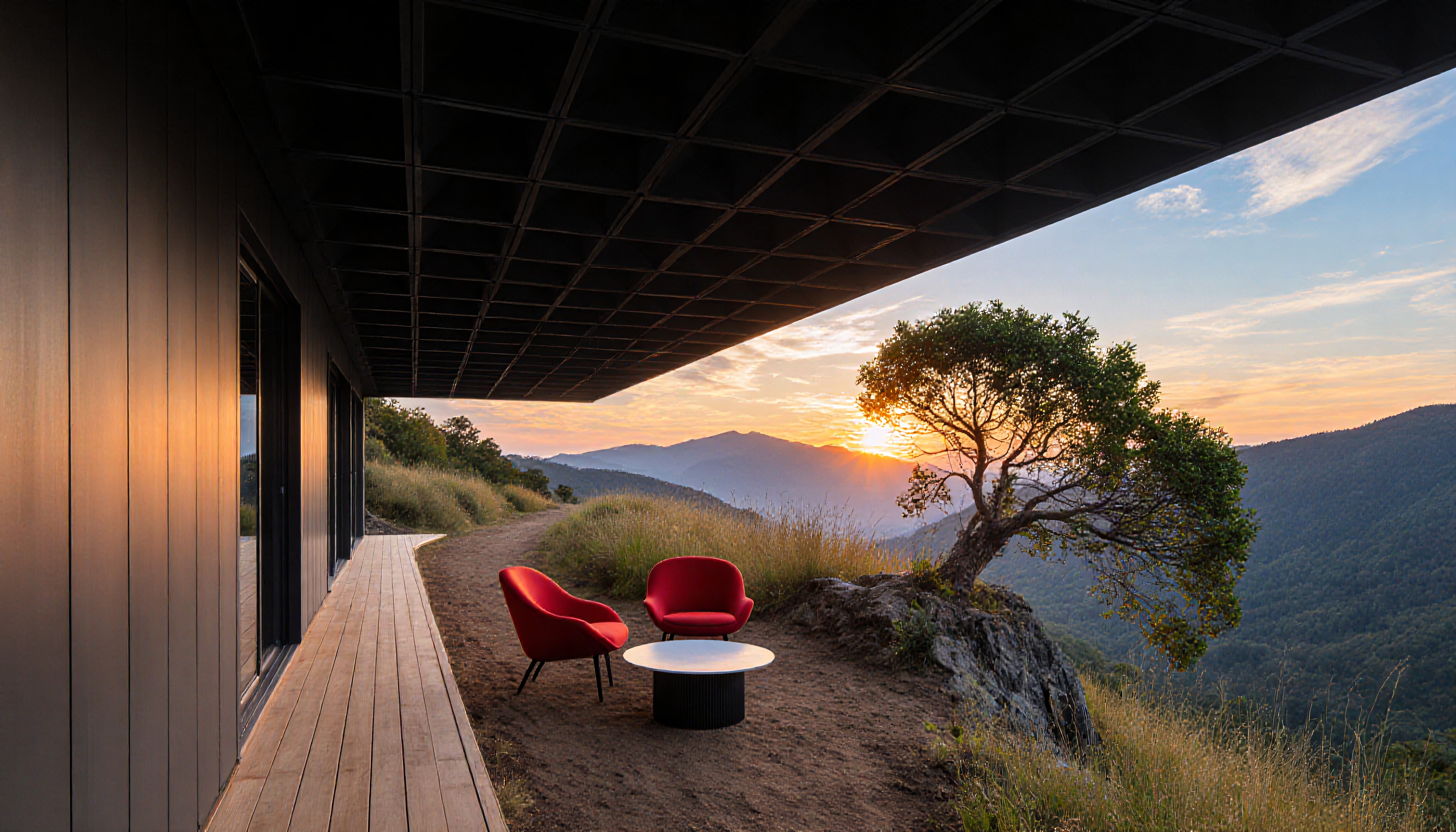 Modern architecture with a stunning sunset view over rolling hills, featuring red chairs on a wooden deck.