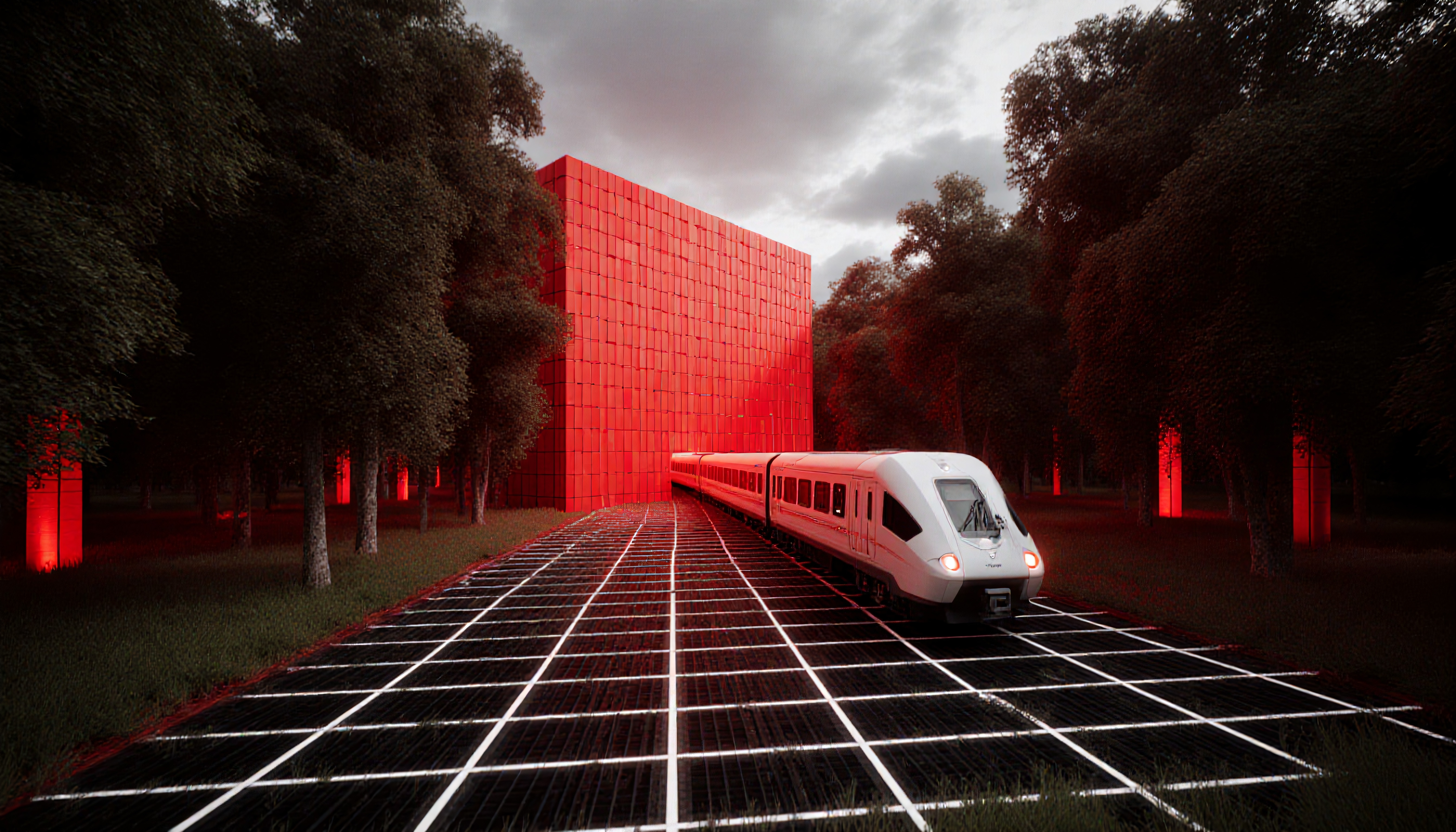 Futuristic train enters red-lit forest scene.