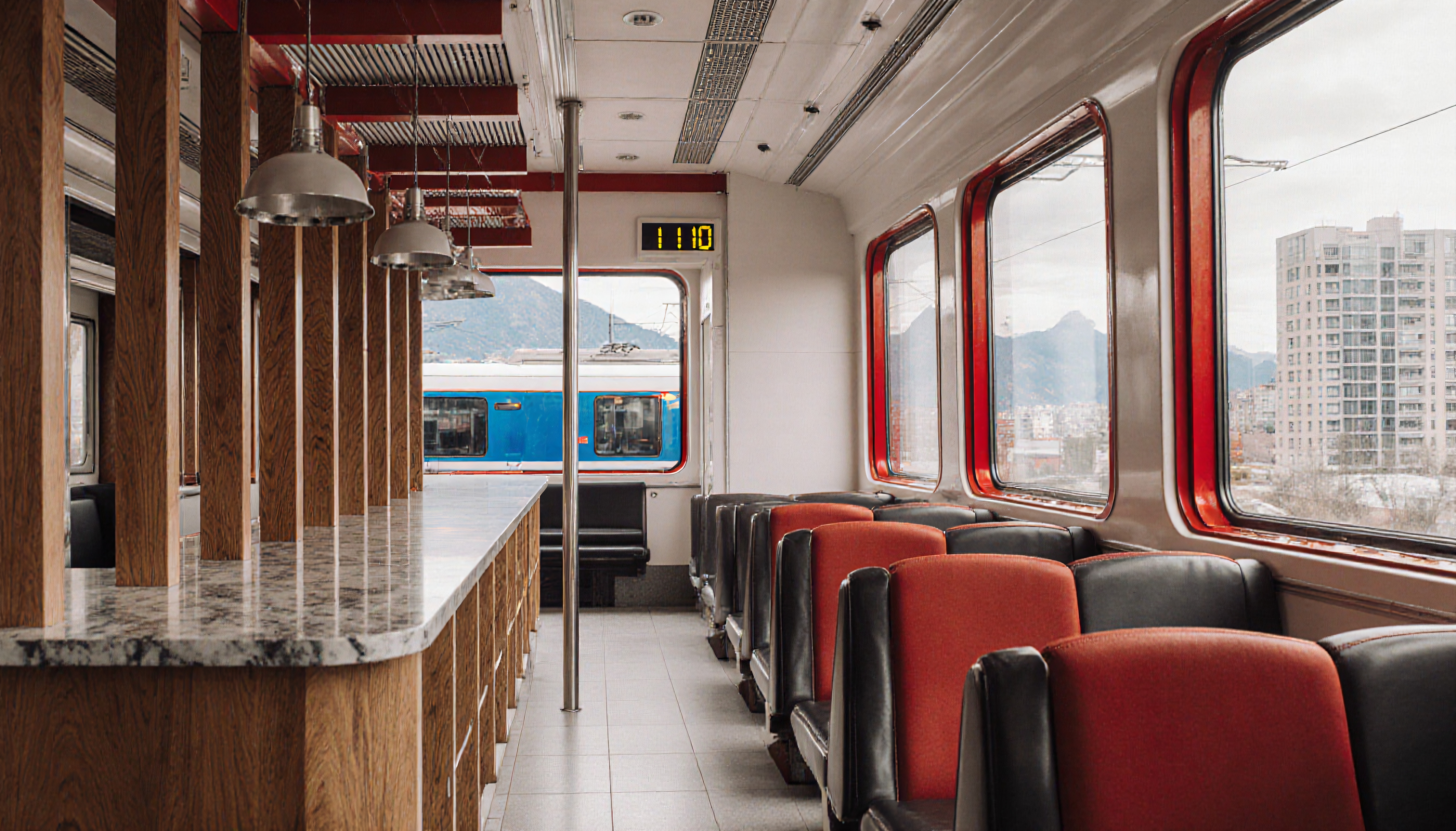Interior of a modern train carriage with red seats, granite table, and city view.