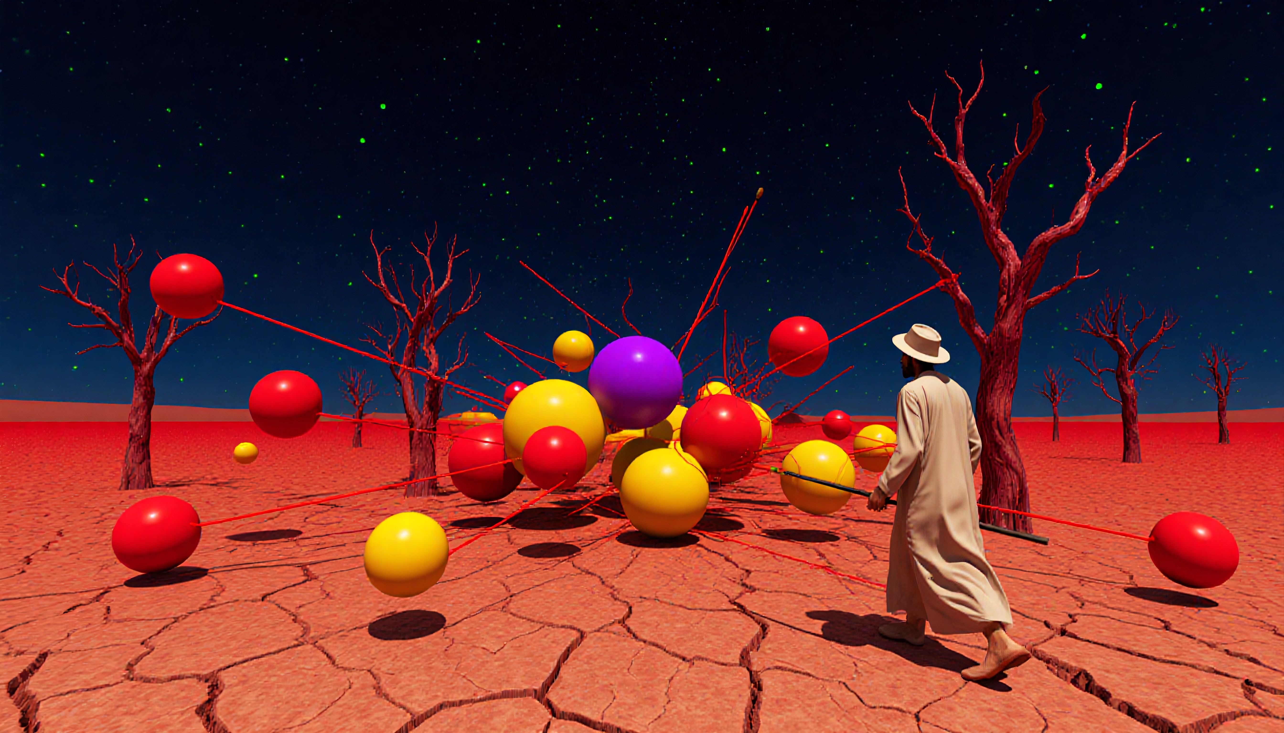 A person in a desert observing colorful spheres suspended in the night sky.