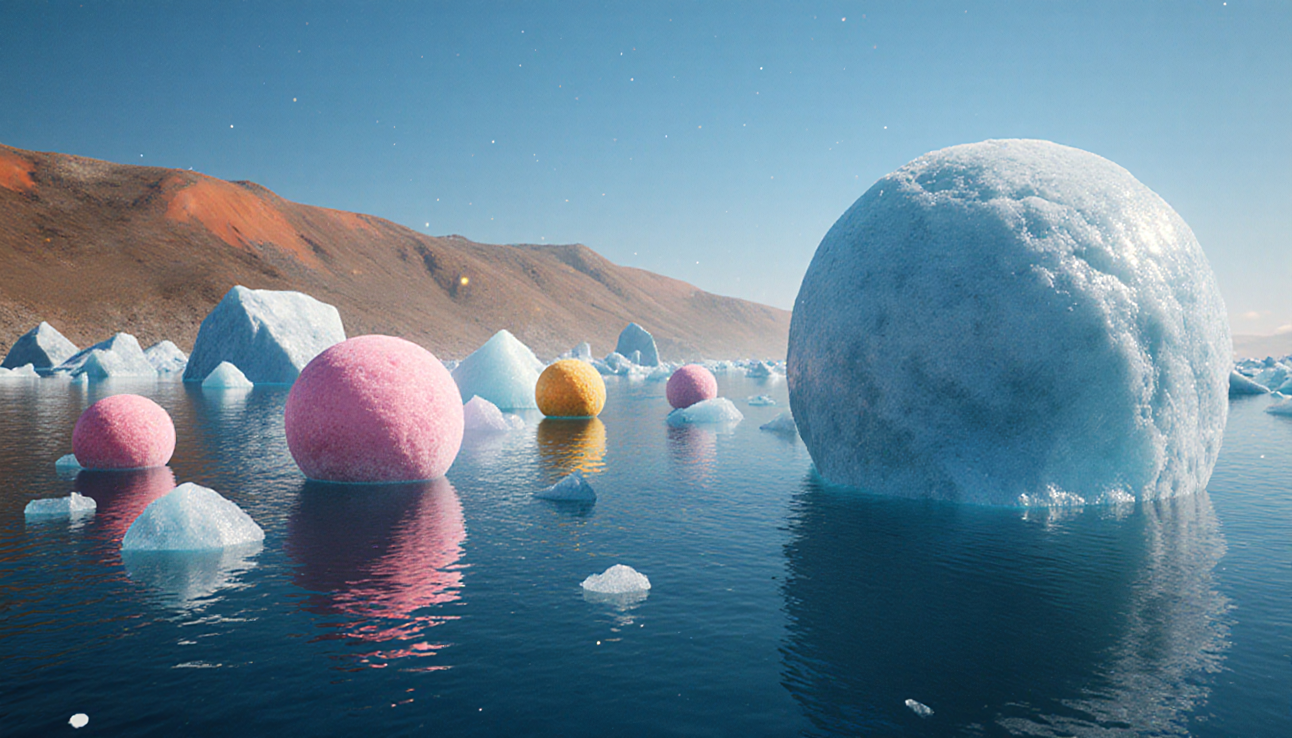 Surreal scene of colorful spheres floating among icebergs on tranquil waters under a clear sky.