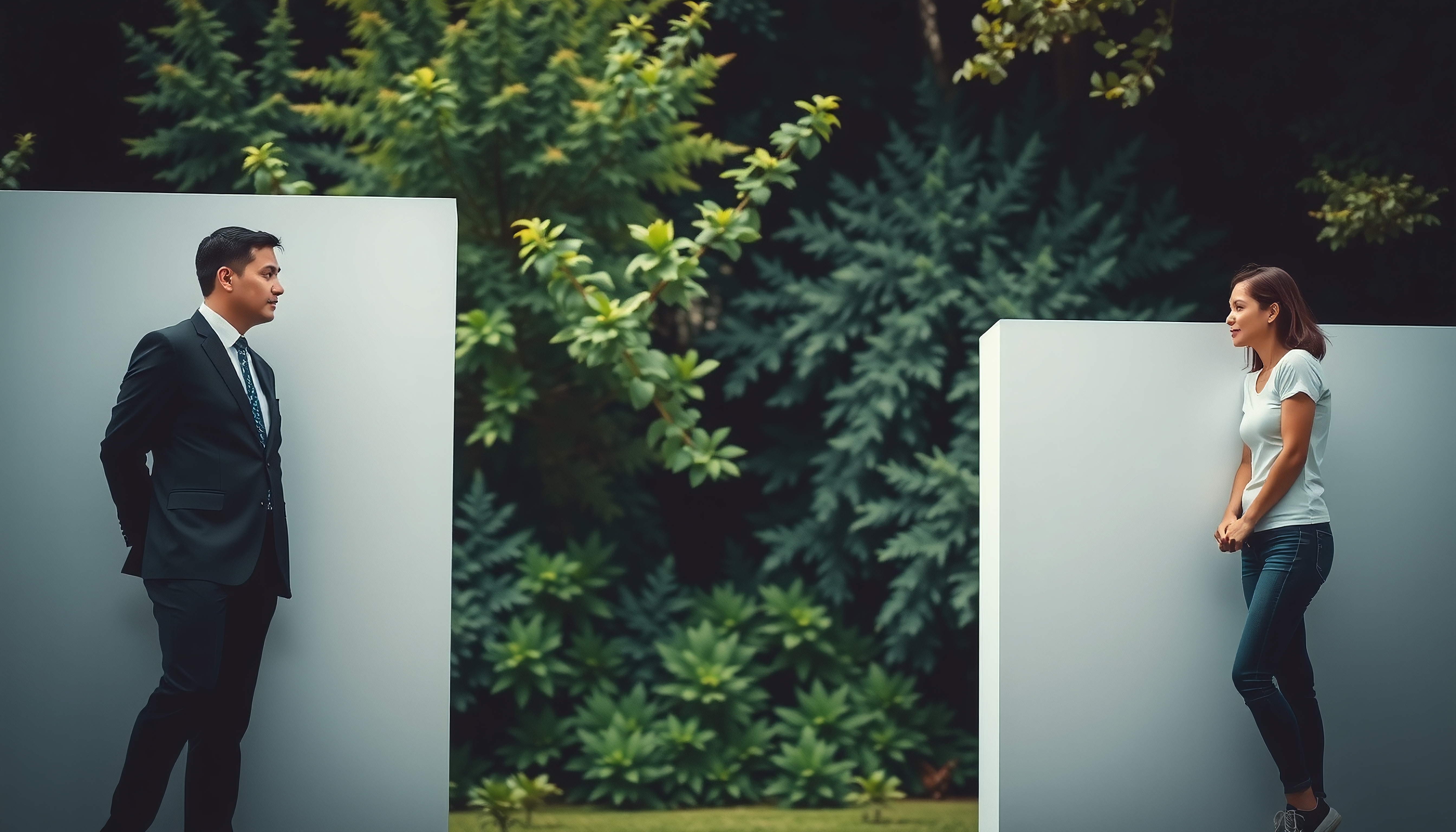 A man in a suit and a woman in casual attire face each other, separated by panels, with a green forest background.