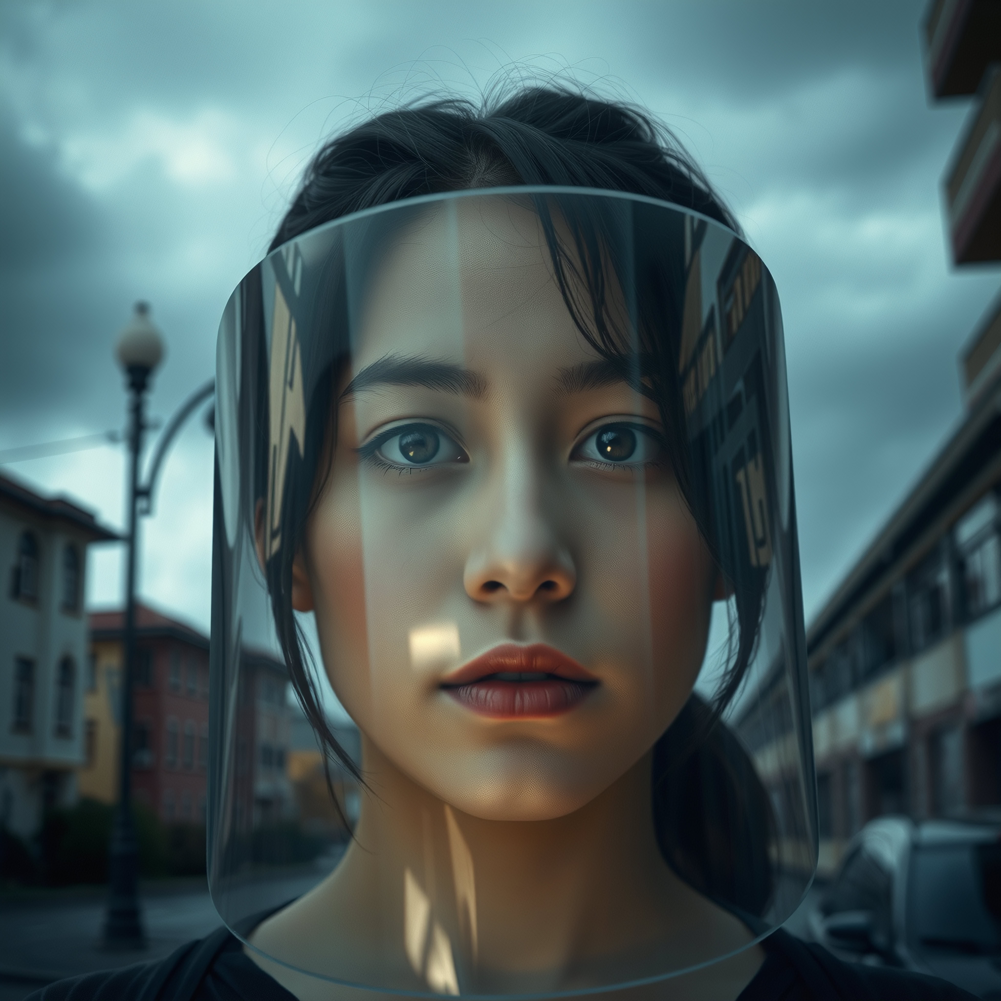 A young woman with a futuristic visor in a city setting.