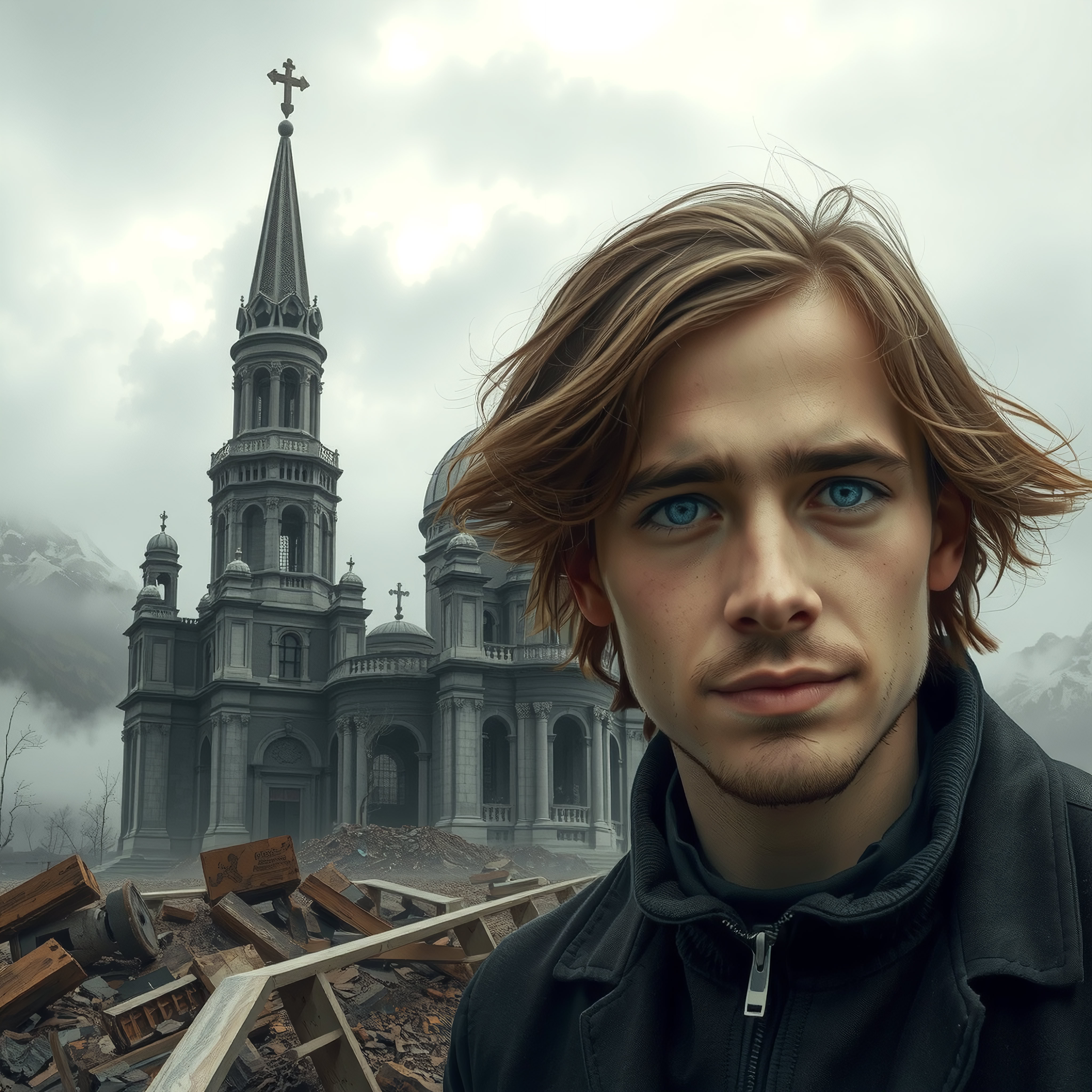 A young man stands before a grand cathedral in ruins, his piercing blue eyes and dark attire contrasting with the misty backdrop.