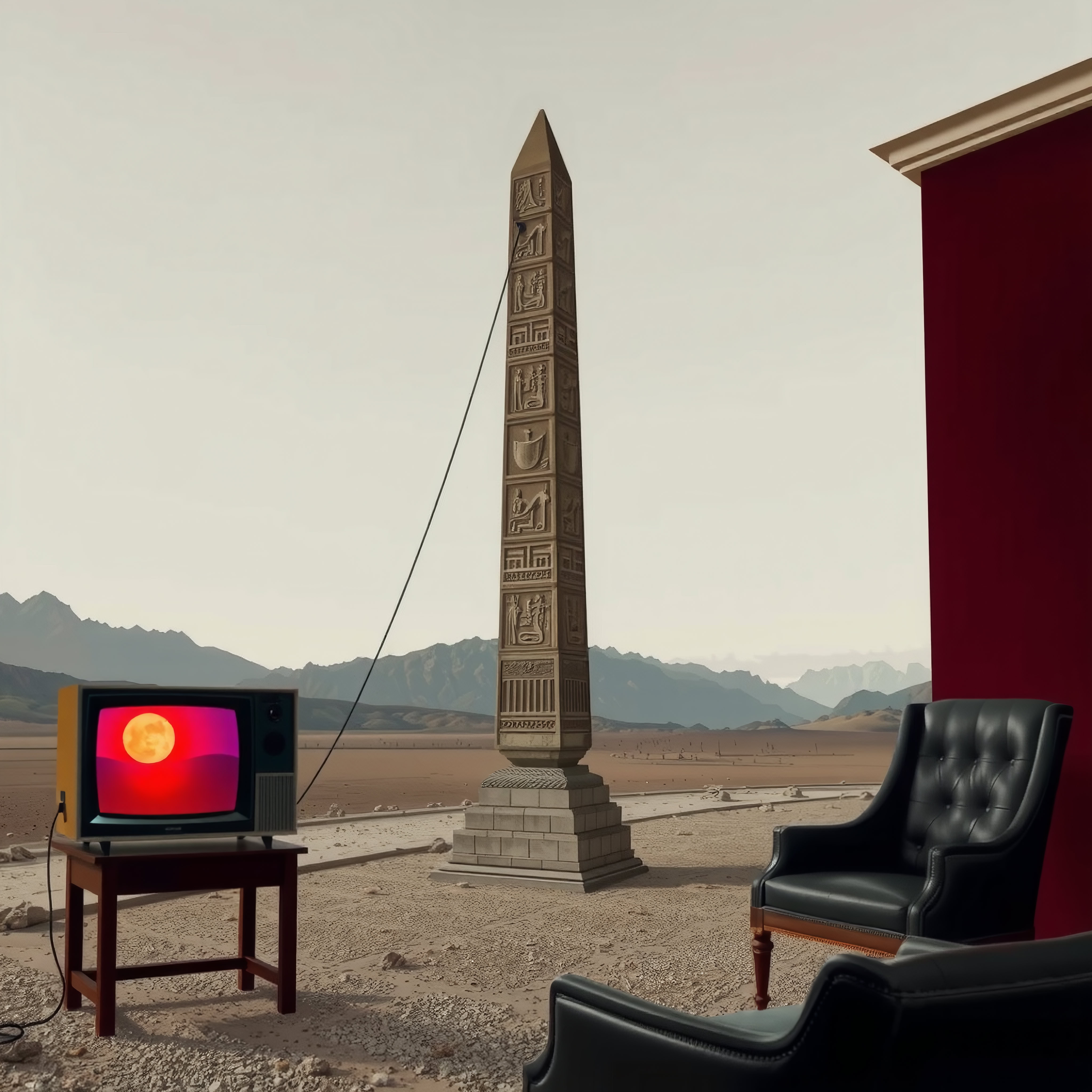 A surreal scene featuring a hieroglyphic obelisk, leather chairs, and a vivid television in a desert setting with mountain backdrop.