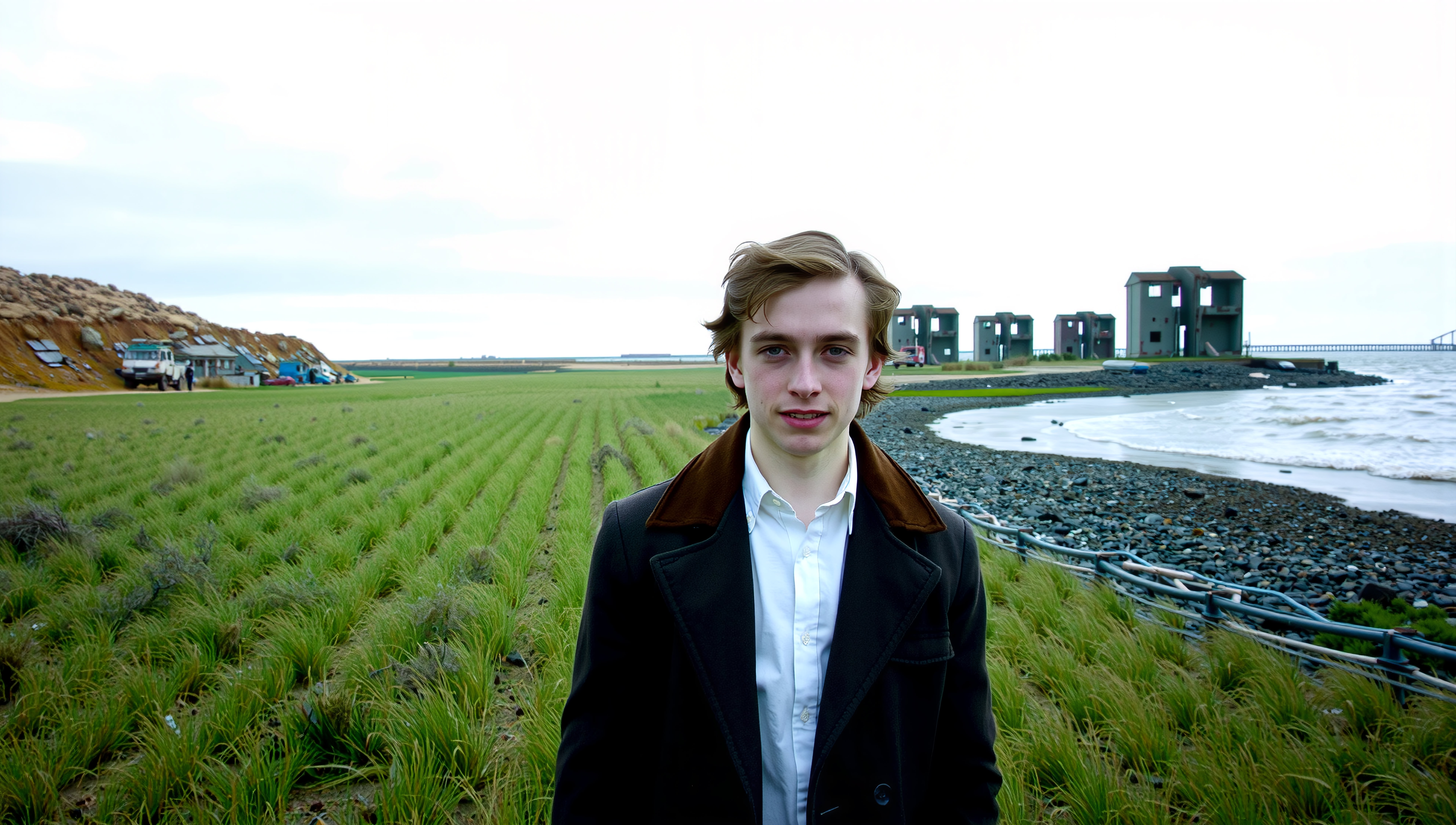 A young man stands by a grassy field with a shoreline and buildings in the background.