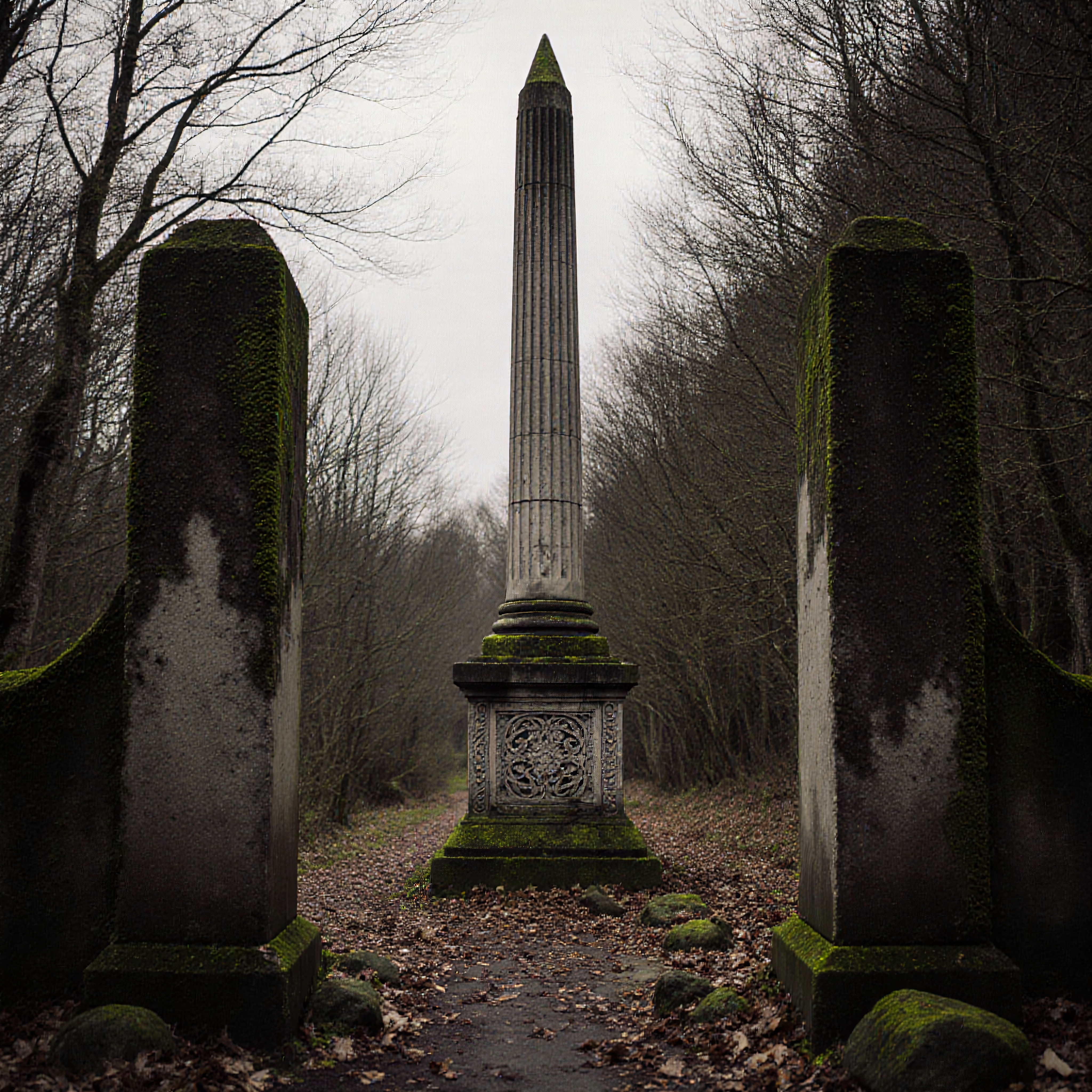 Moss-covered obelisk and pillars in a serene forest setting with bare trees.