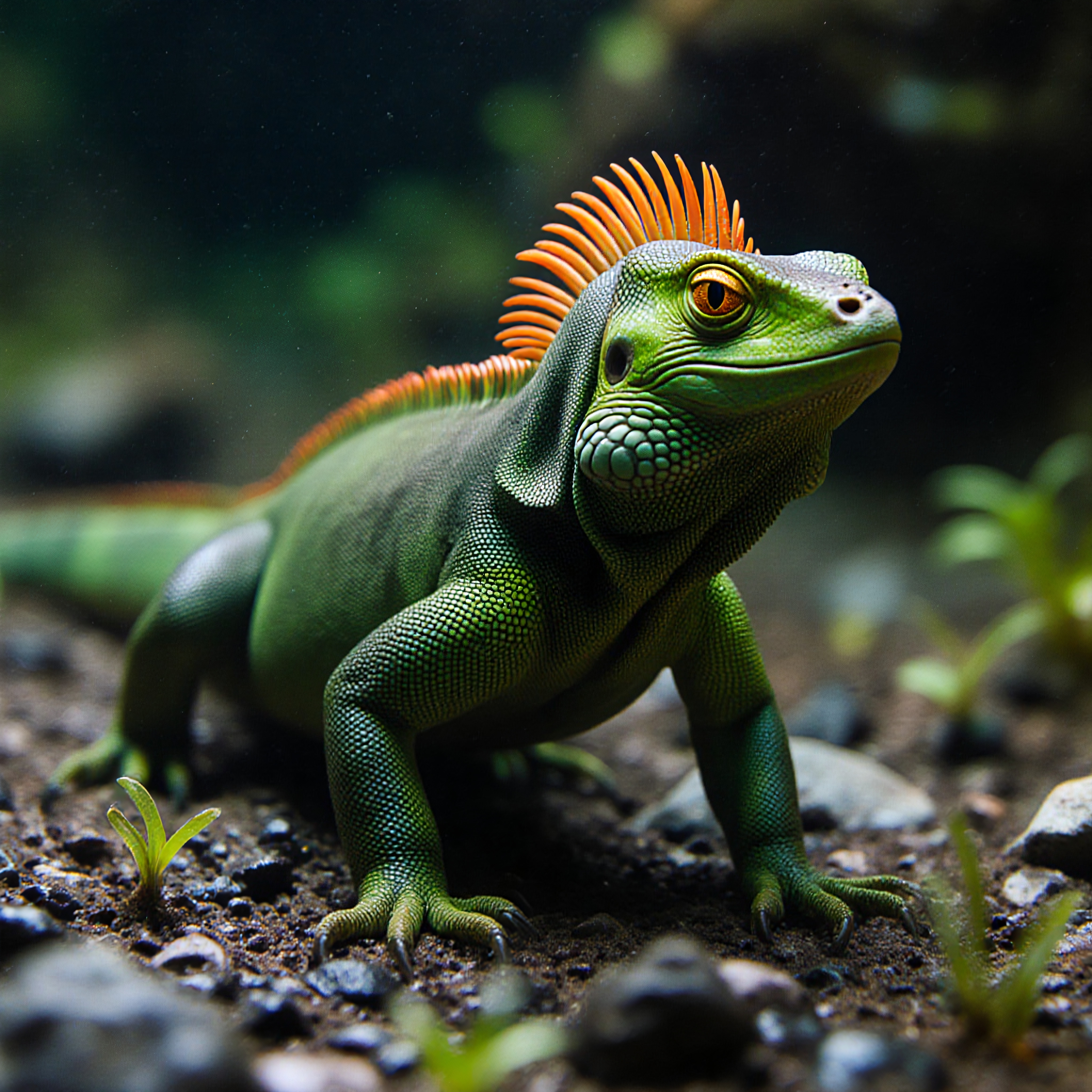 A green iguana with orange spines blends beautifully with its rocky, natural habitat, surrounded by small plants.