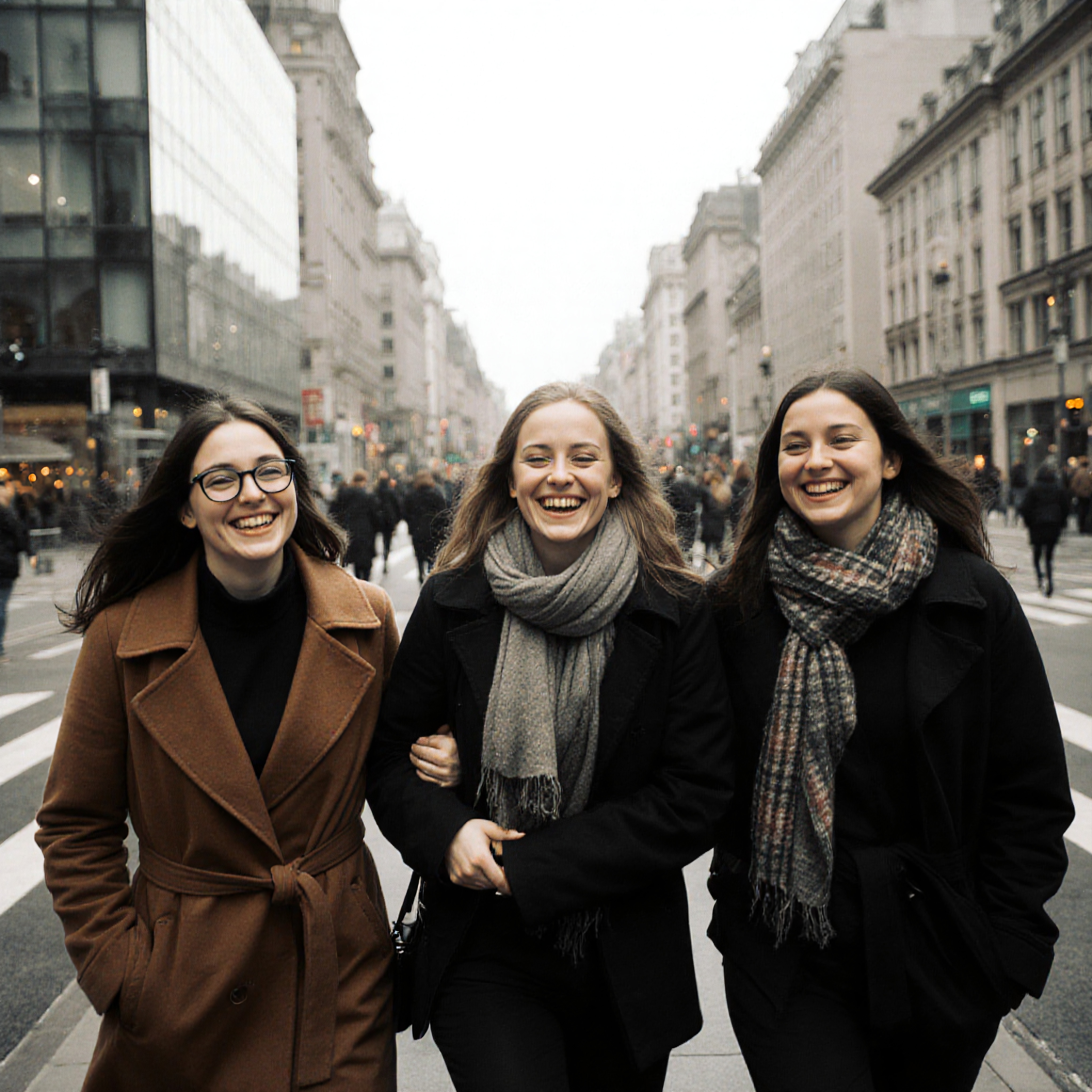 Three women joyfully walk through a bustling city street, capturing the essence of friendship and urban life.