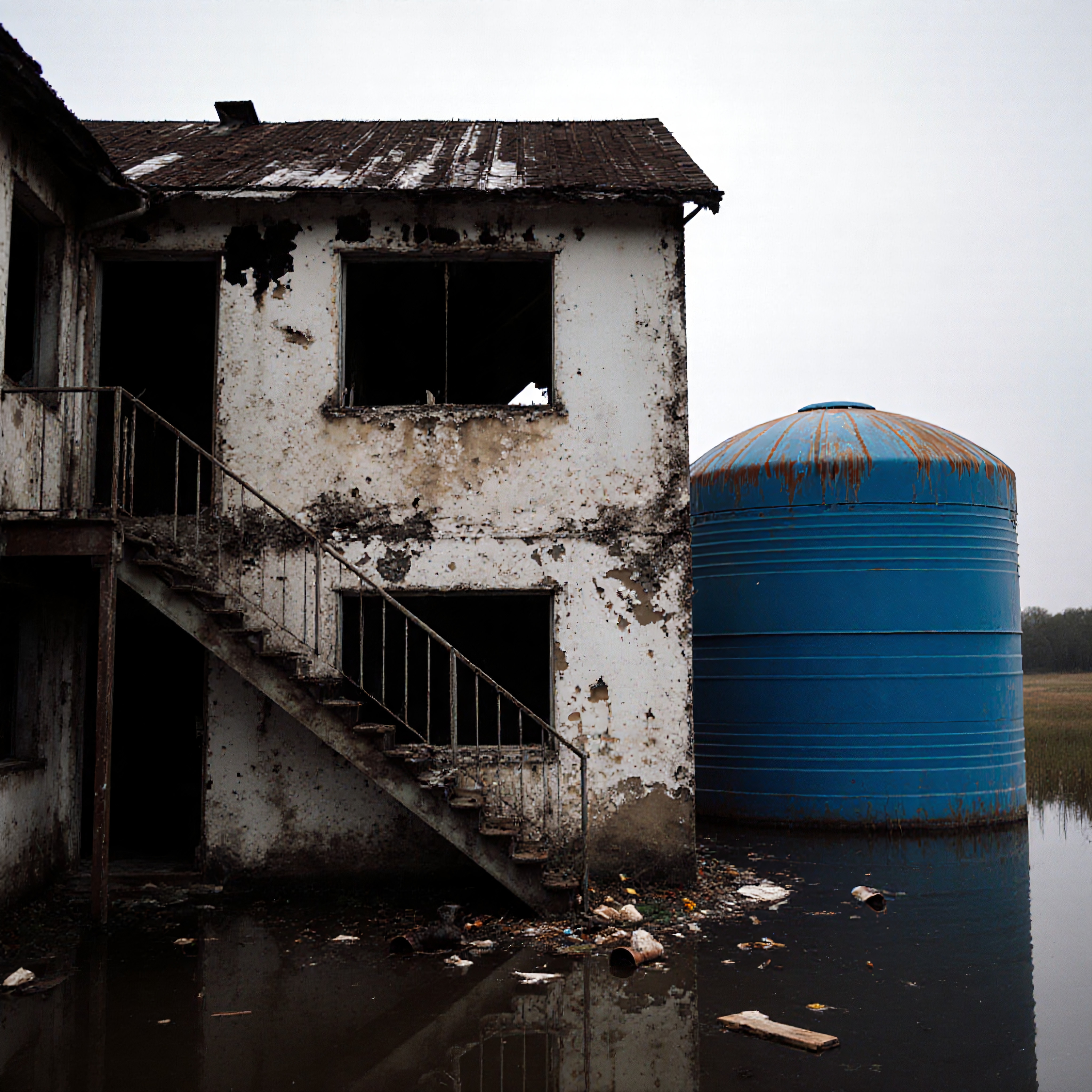An abandoned building with peeling paint and a large blue water tank, surrounded by floodwater and debris, under a cloudy sky.