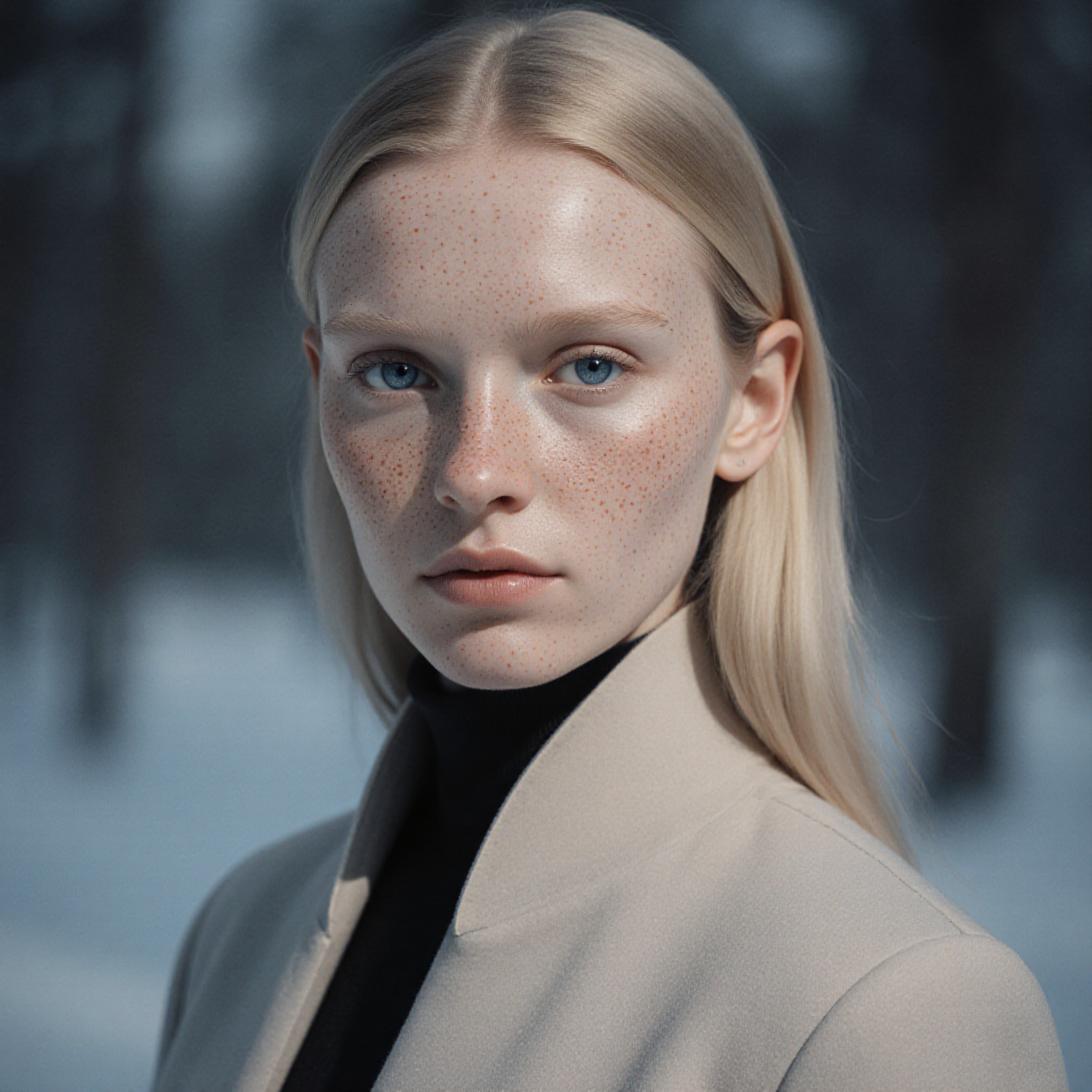 A serene portrait of a young woman with freckles in a snowy outdoor setting, wearing a beige coat and black turtleneck.