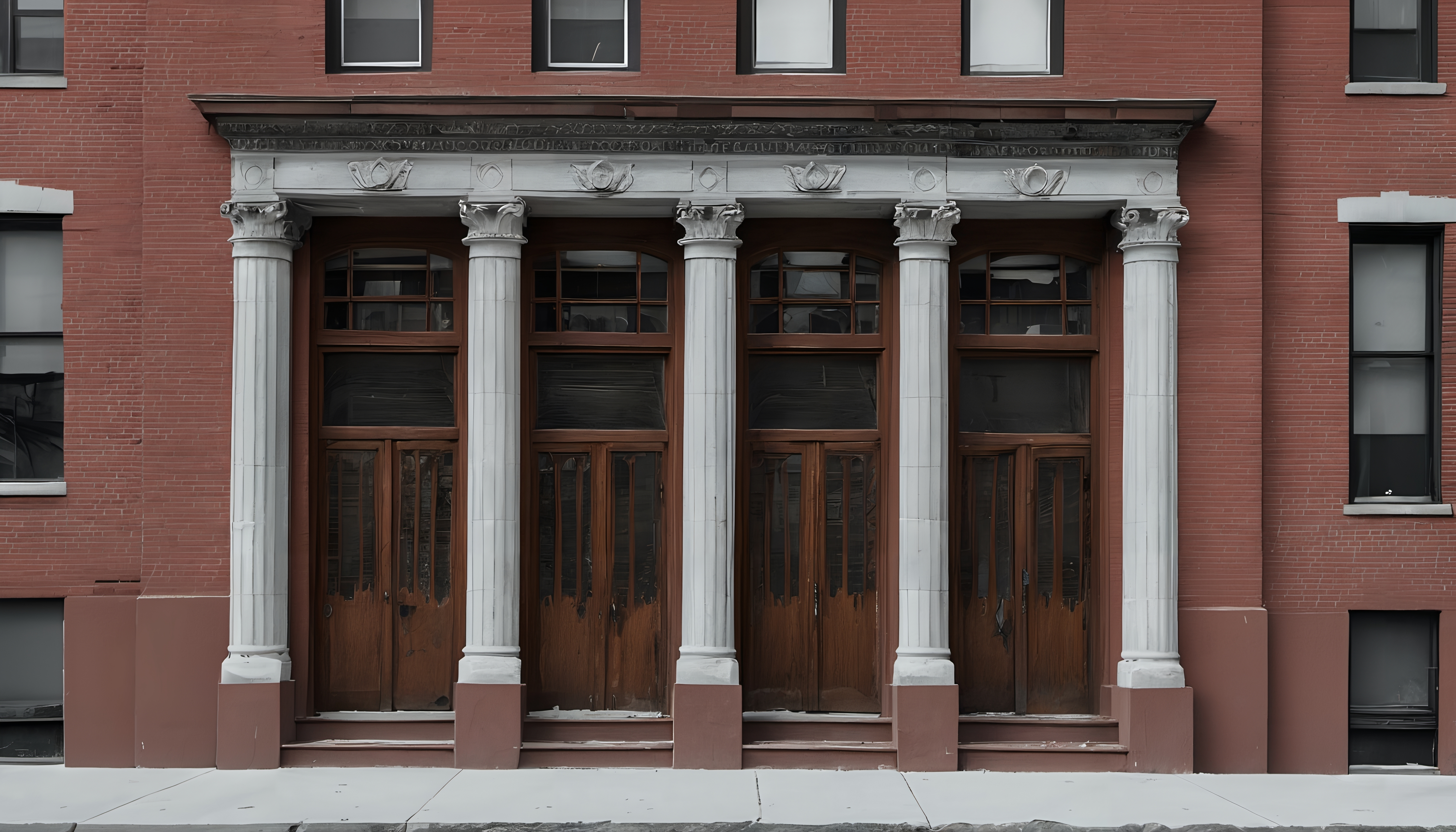 Facade of historic building with white columns and wooden doors.