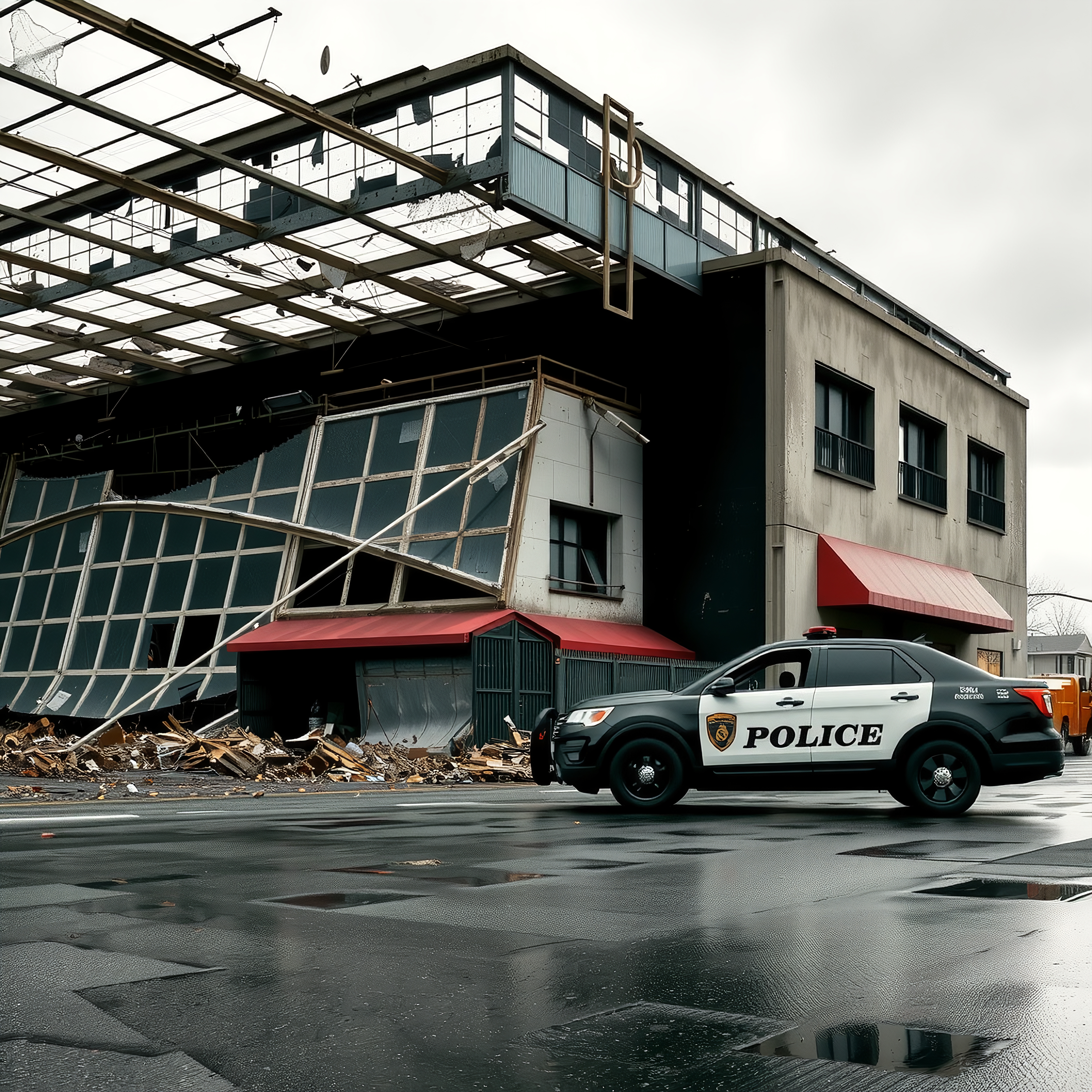 Police car parked in front of a damaged, modern commercial build