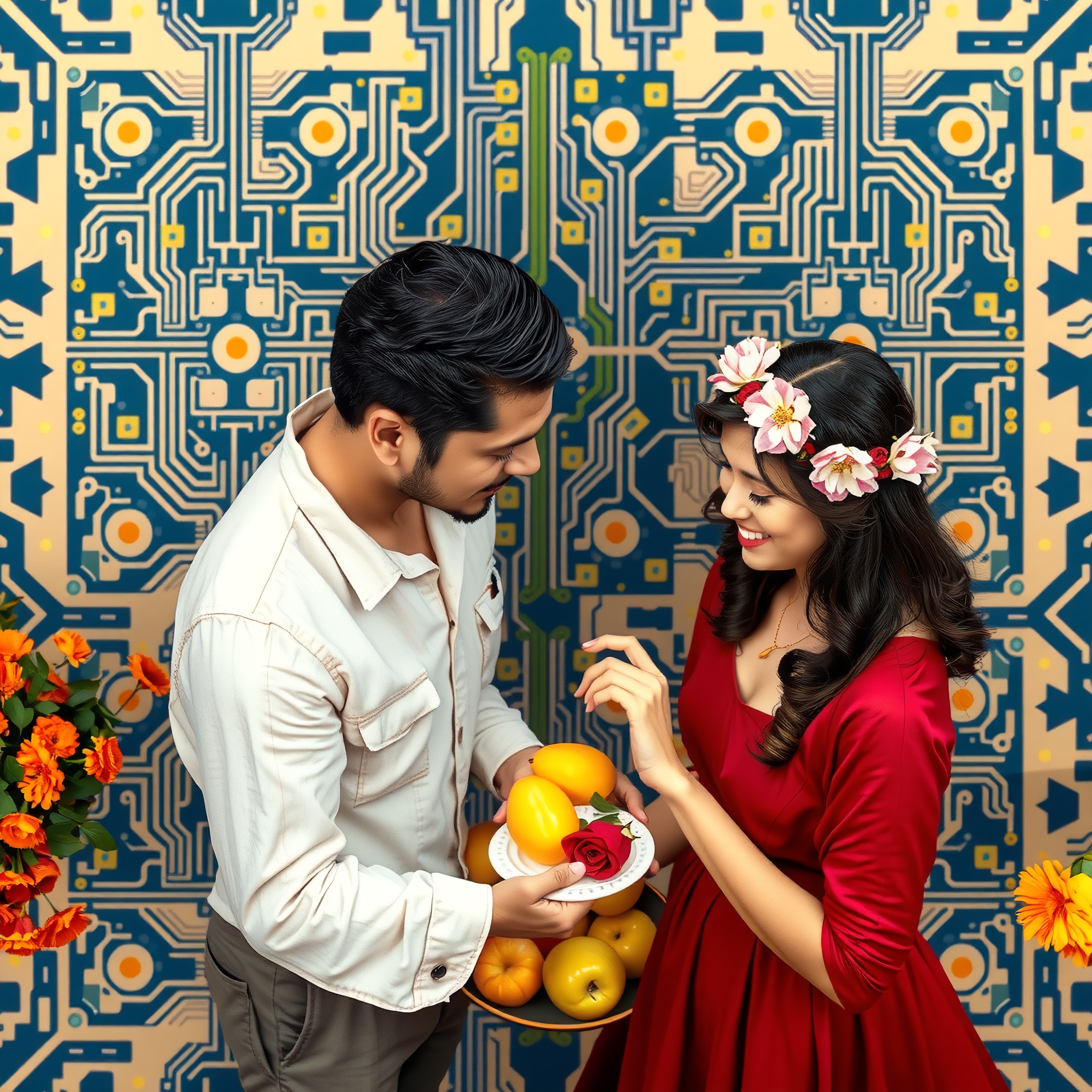Romantic couple holding fruit platter against circuit board wall artwork