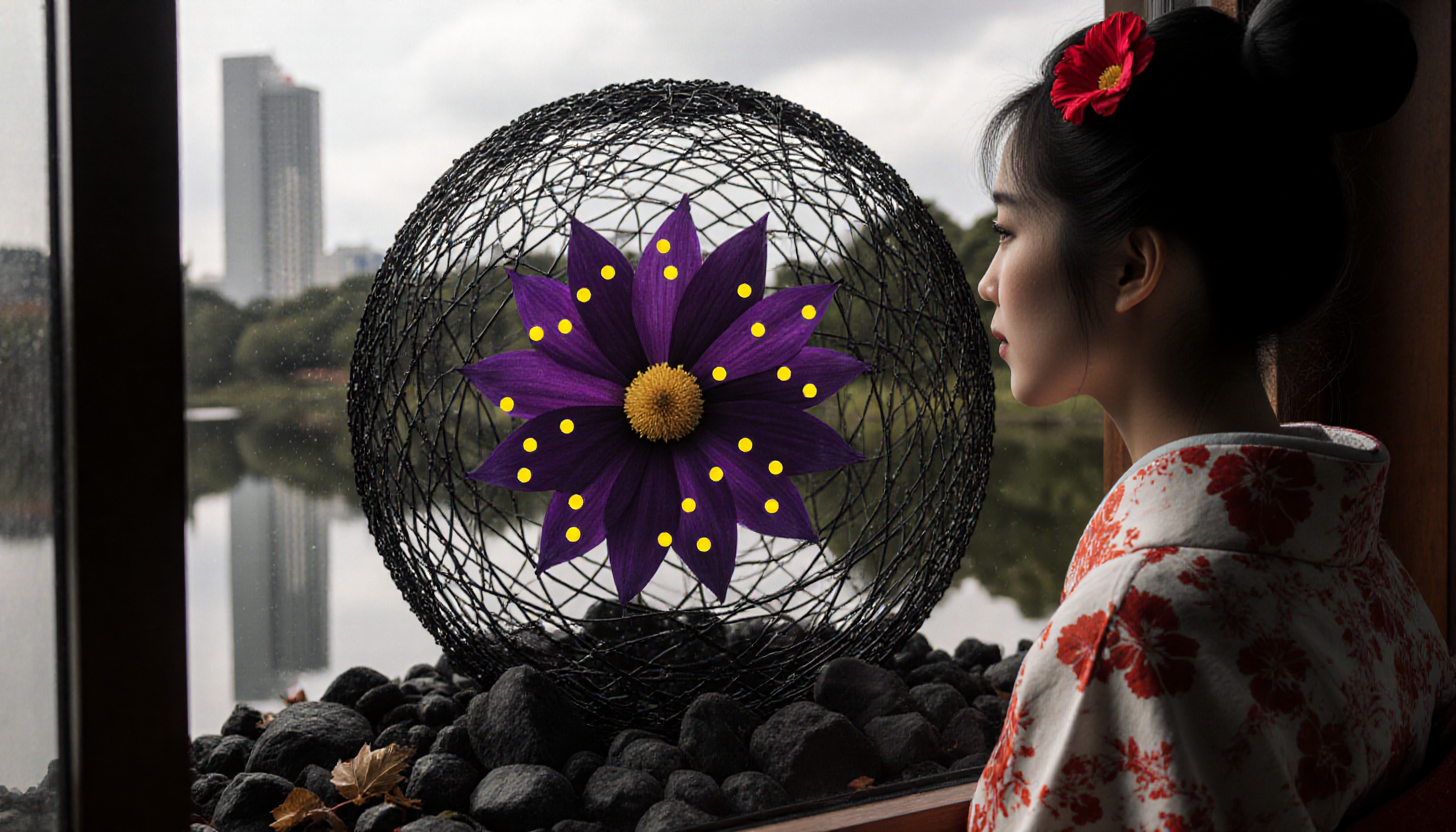 A woman in a kimono looks at a purple flower in a black wire sphere with a cityscape in the background.